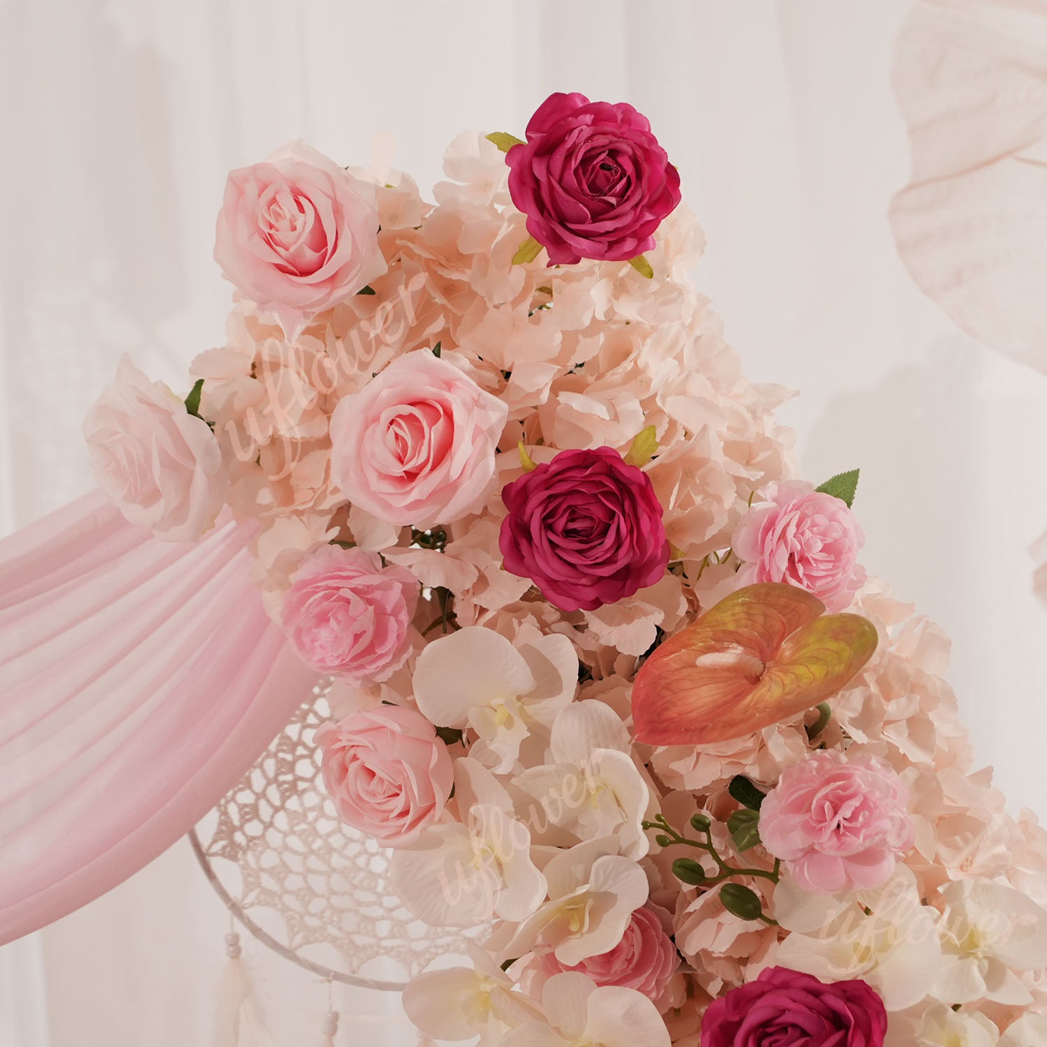 Uflower Pink Floral Arrangement Wedding Arch Backdrop Party Flower Row Decor