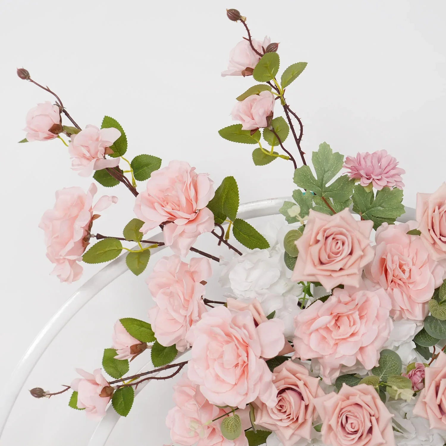 Uflower Artificial Pink Rose Green Leaf Flower Row Wedding KT Backdrop Decor - Uflower