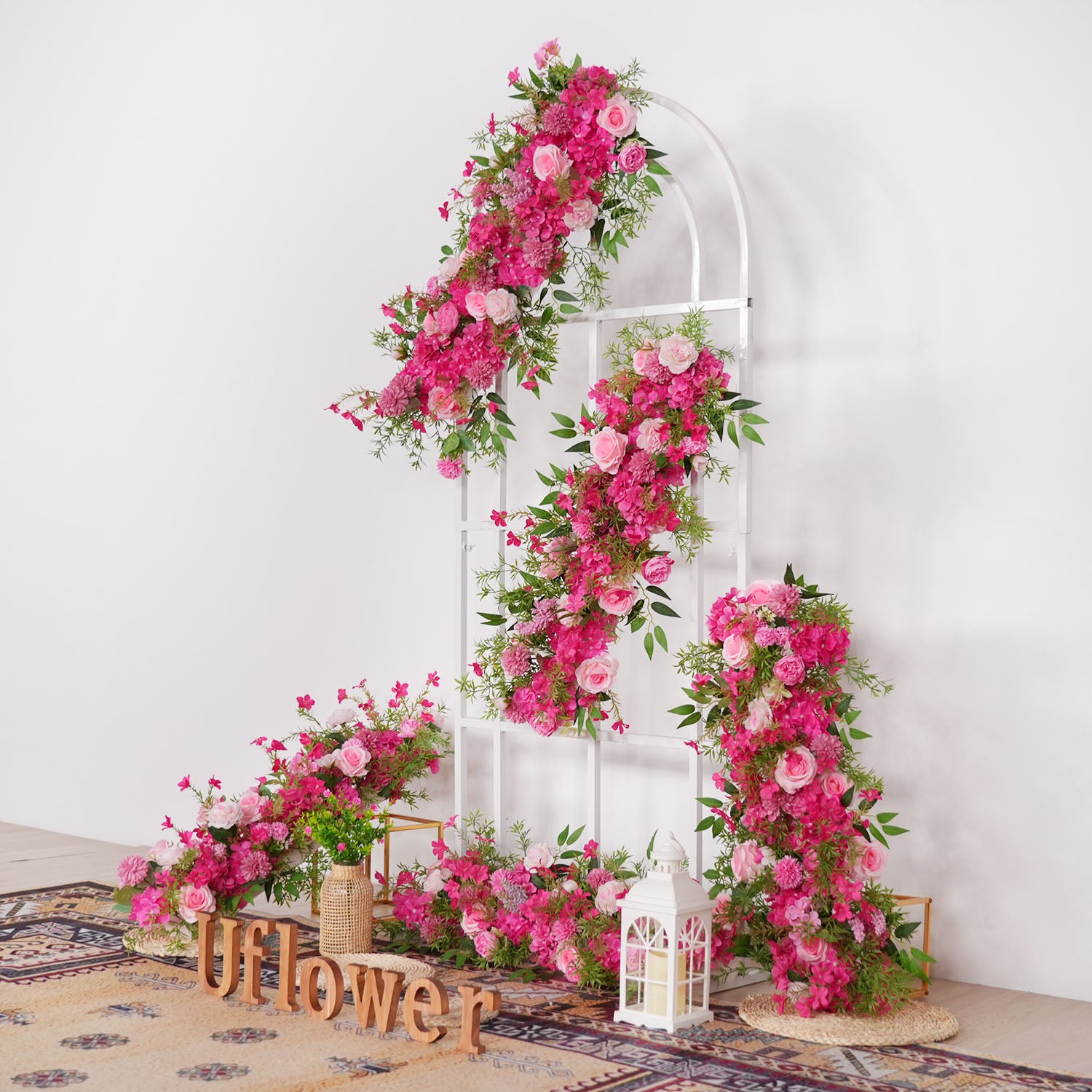 Uflower Pink Rose Green Leaf Wedding Backdrop Floral Arrangement