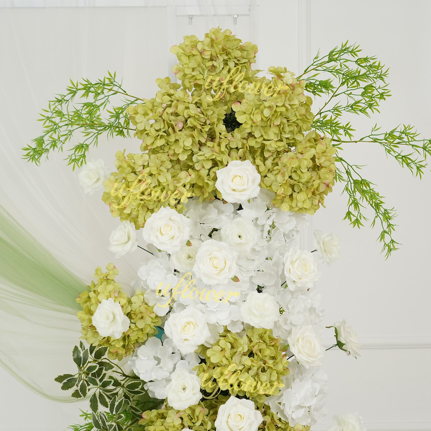 Uflower Artificial Green White Hydrangea Rose Flower Row Wedding KT Backdrop Decor