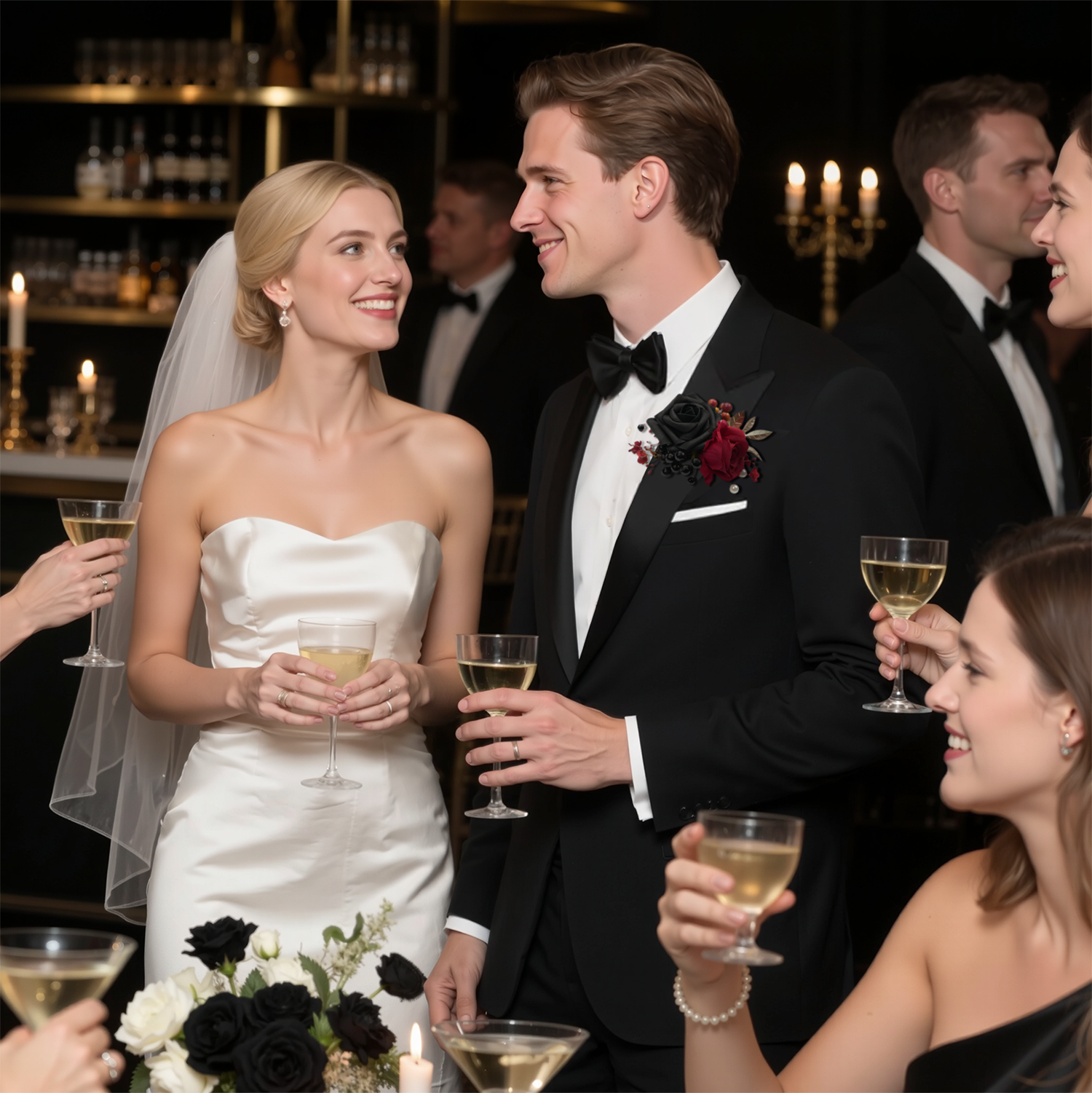 Uflower Black Burgundy Bride Bouquet Wrist Corsage Groom Boutonniere Set Wedding Event Supplies