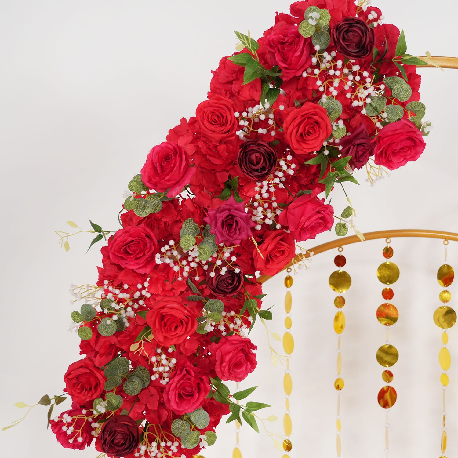 Uflower Artificial Red Rose Babysbreath Green Leaf Flower Row Wedding KT Backdrop Decor