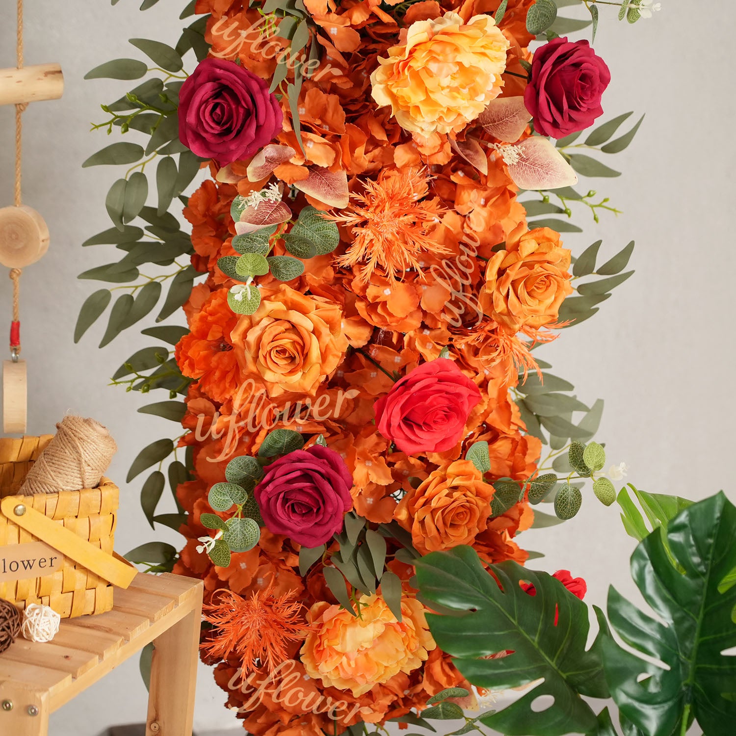 Uflower Orange Red Rose Floral Square Arch Wedding Party Ceremony Backdrop Decor