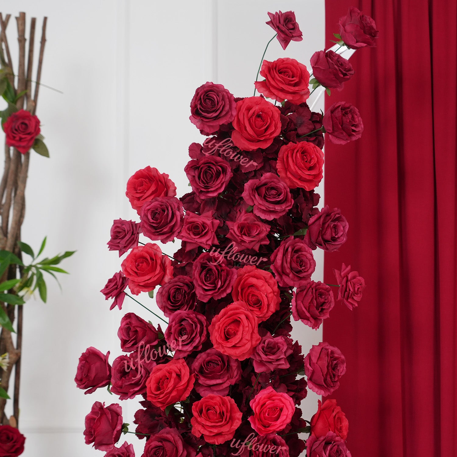 Uflower Red Rose Floral Horn Arch Wedding Party Backdrop Decor
