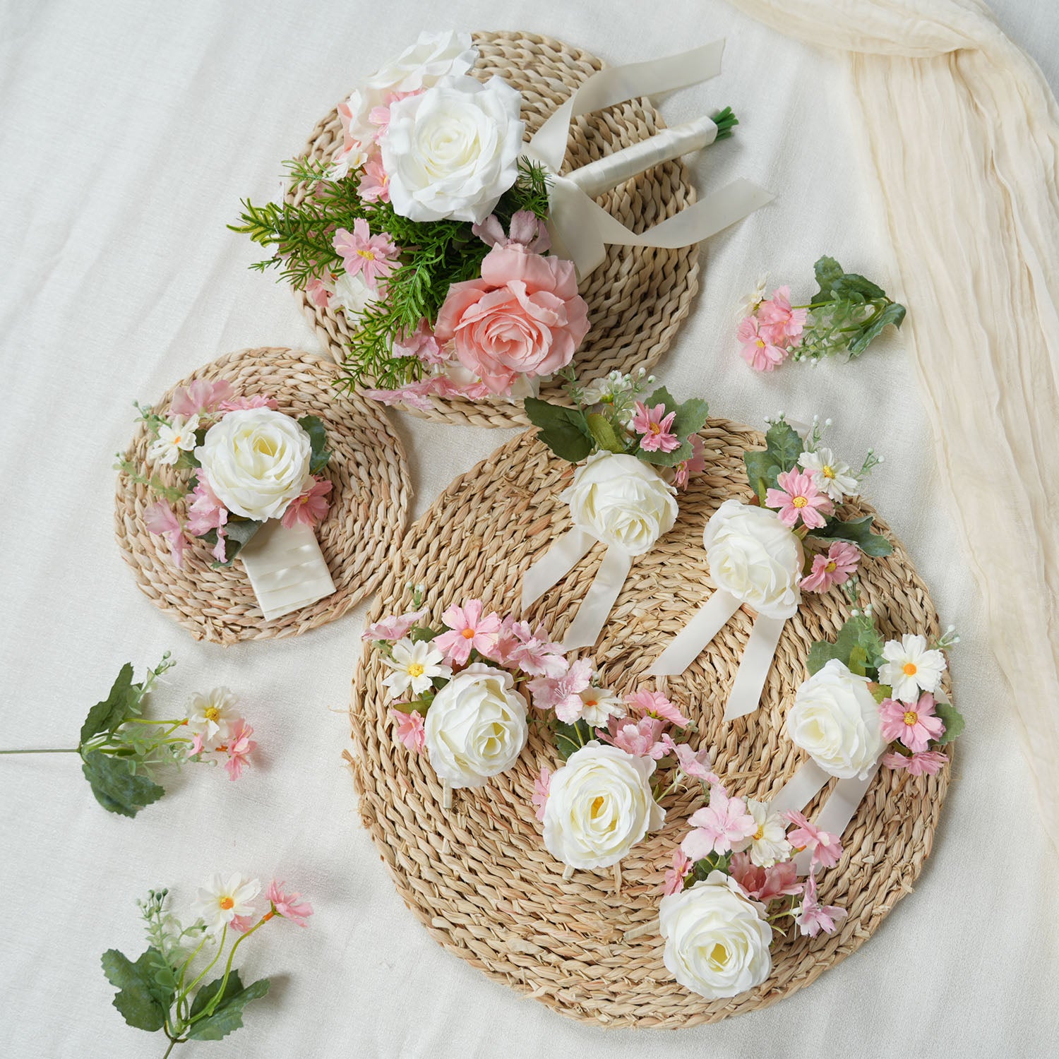 Uflower Pink White Series Bride Bouquet Wrist Corsage Groom Boutonniere Wedding Event Supplies