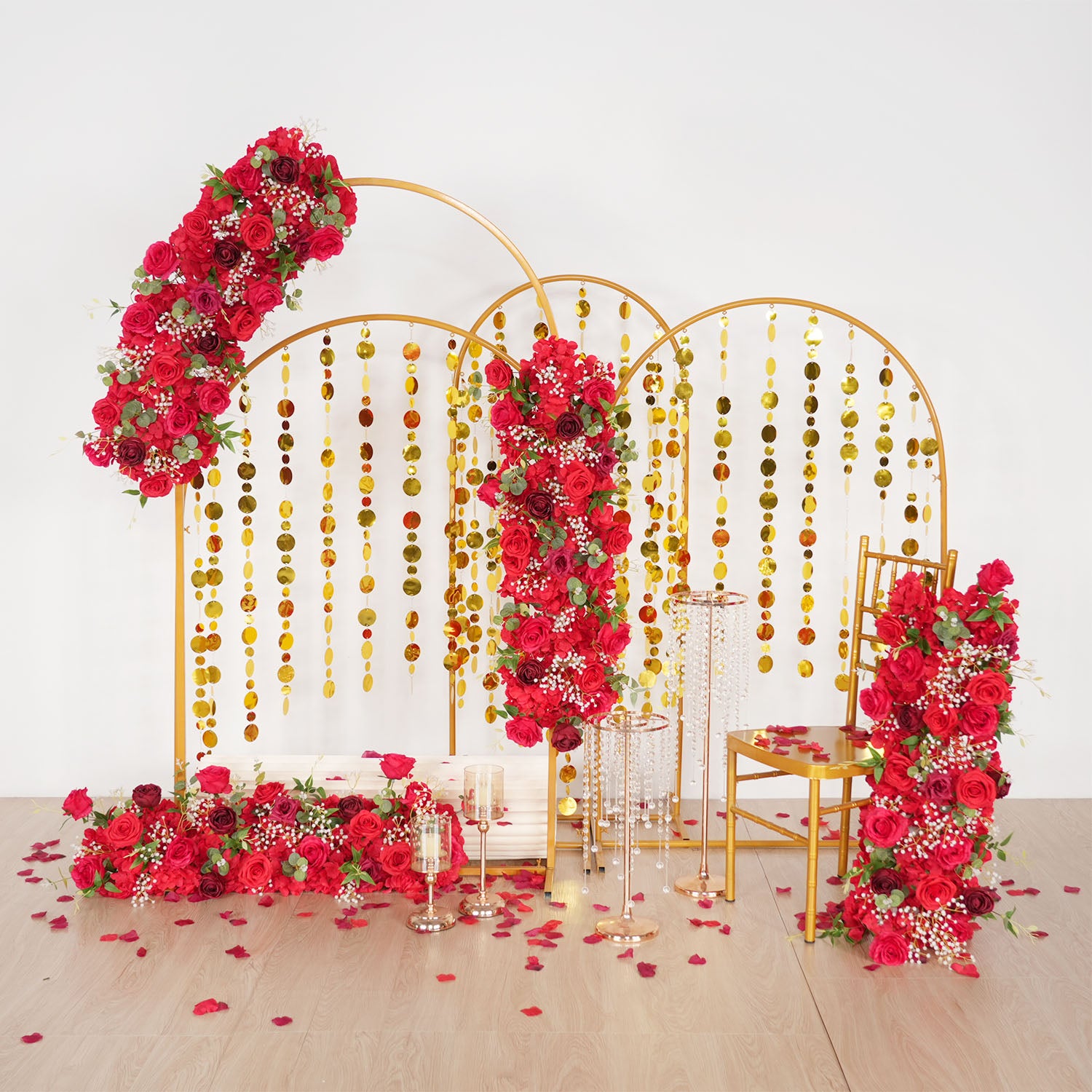 Uflower Artificial Red Rose Babysbreath Green Leaf Flower Row Wedding KT Backdrop Decor
