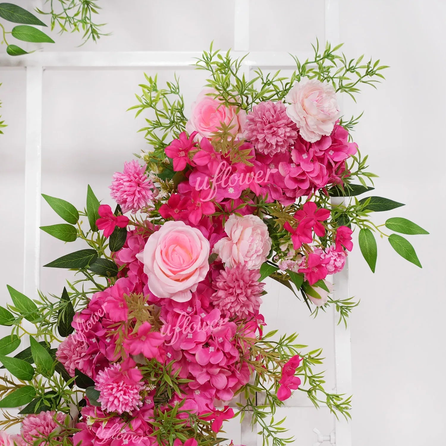 Uflower Pink Rose Green Leaf Wedding Backdrop Floral Arrangement - Uflower