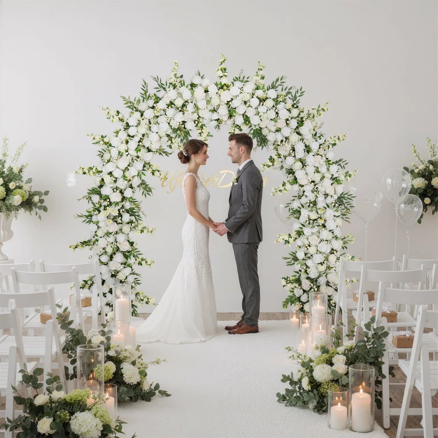 White Rose With Green Wedding Round Arch Decor - Uflower