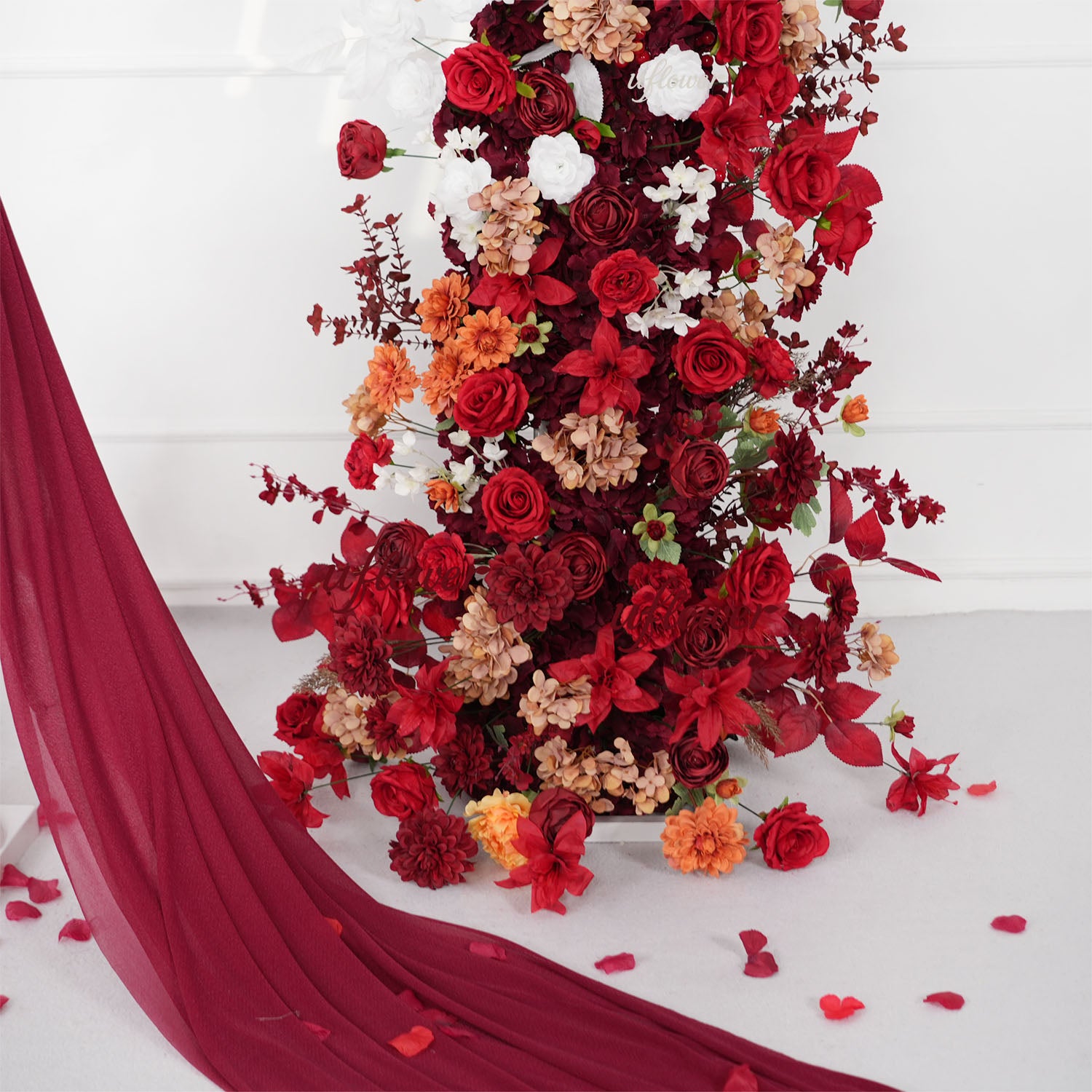 Uflower Autumn Red Rose Floral Horn Arch Wedding Party Backdrop Decor