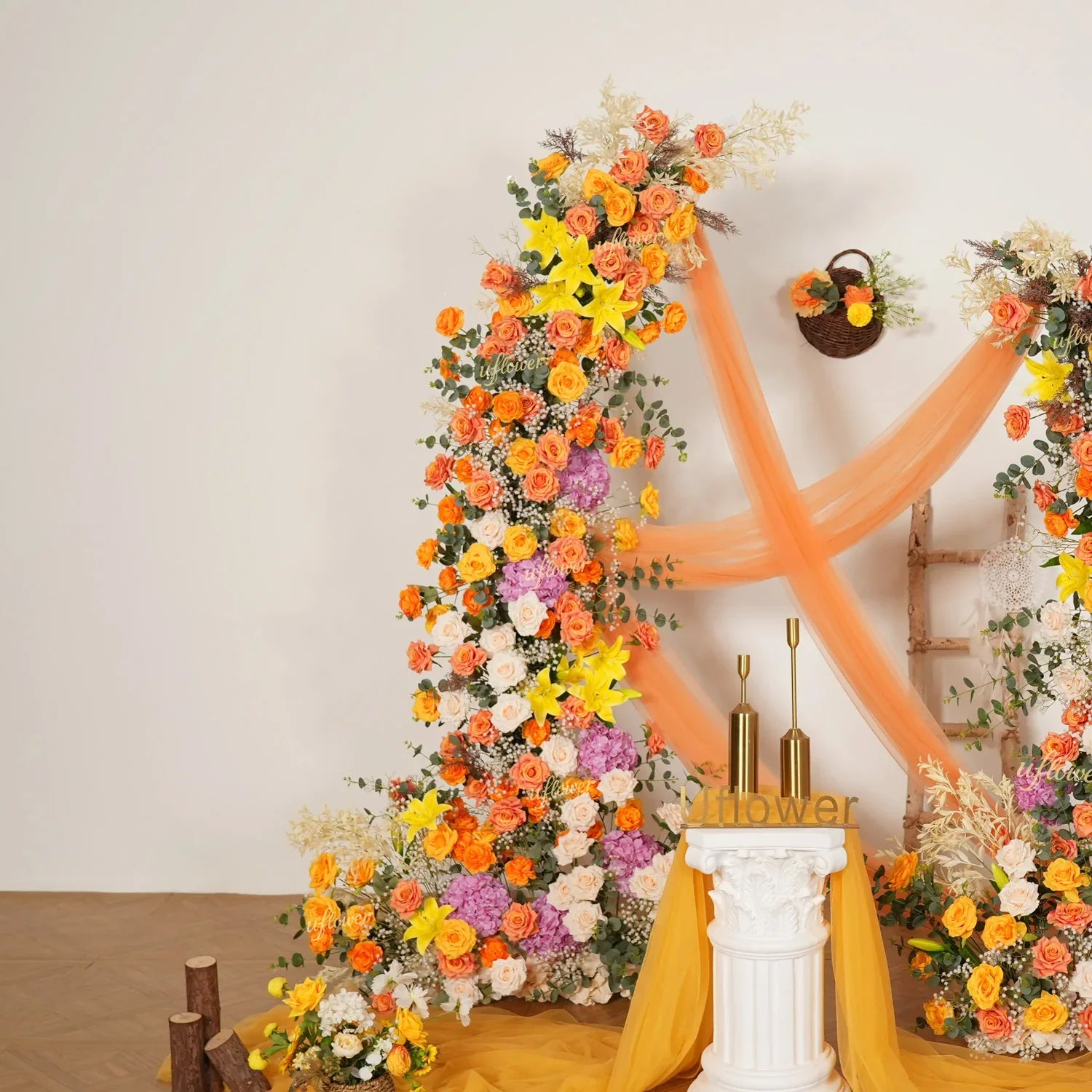 Uflower Orange Yellow Flower Horn Arch Wedding Party Birthday Backdrop Decor SET80139 - Uflower