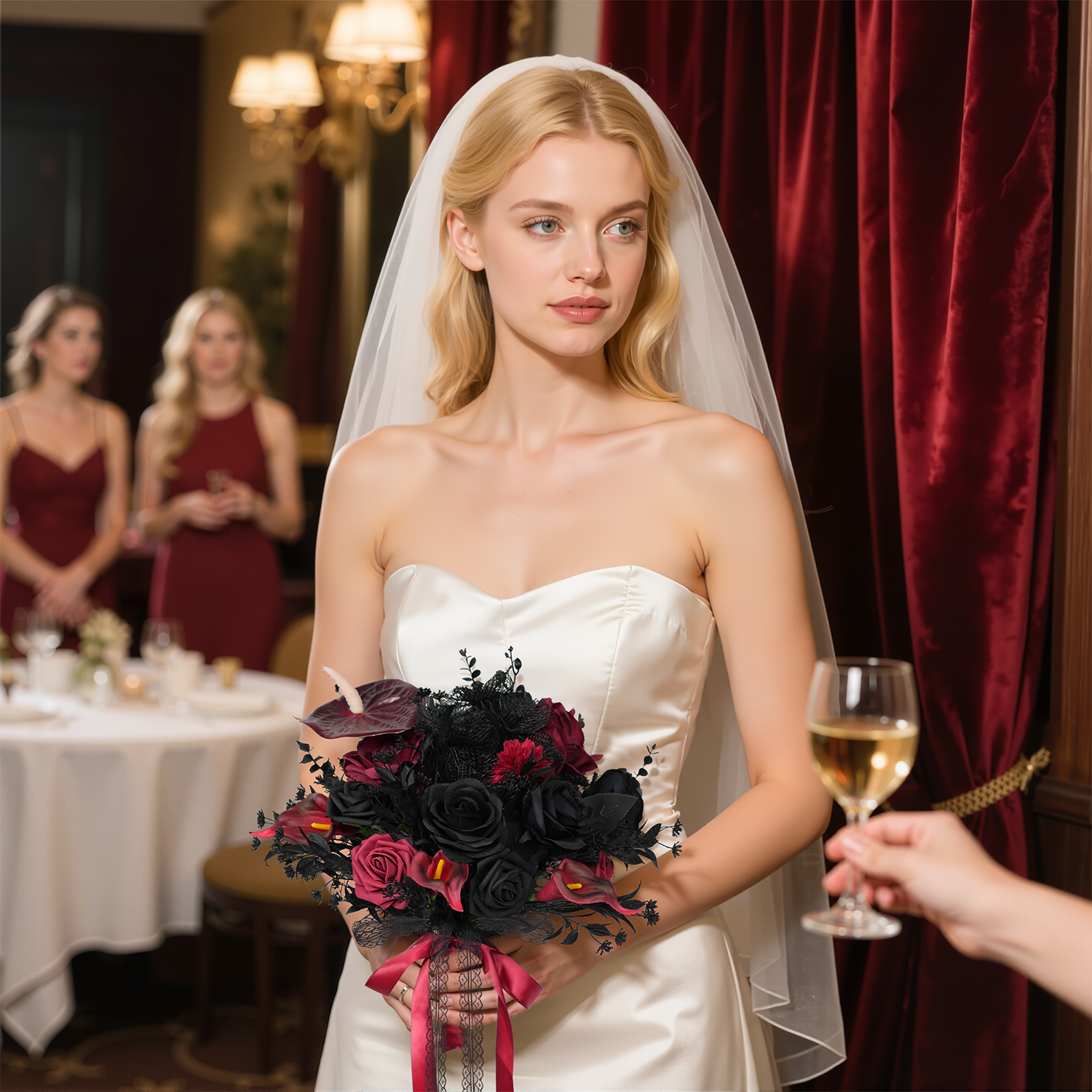 Uflower Black Burgundy Bride Bouquet Wrist Corsage Groom Boutonniere Set Wedding Event Supplies