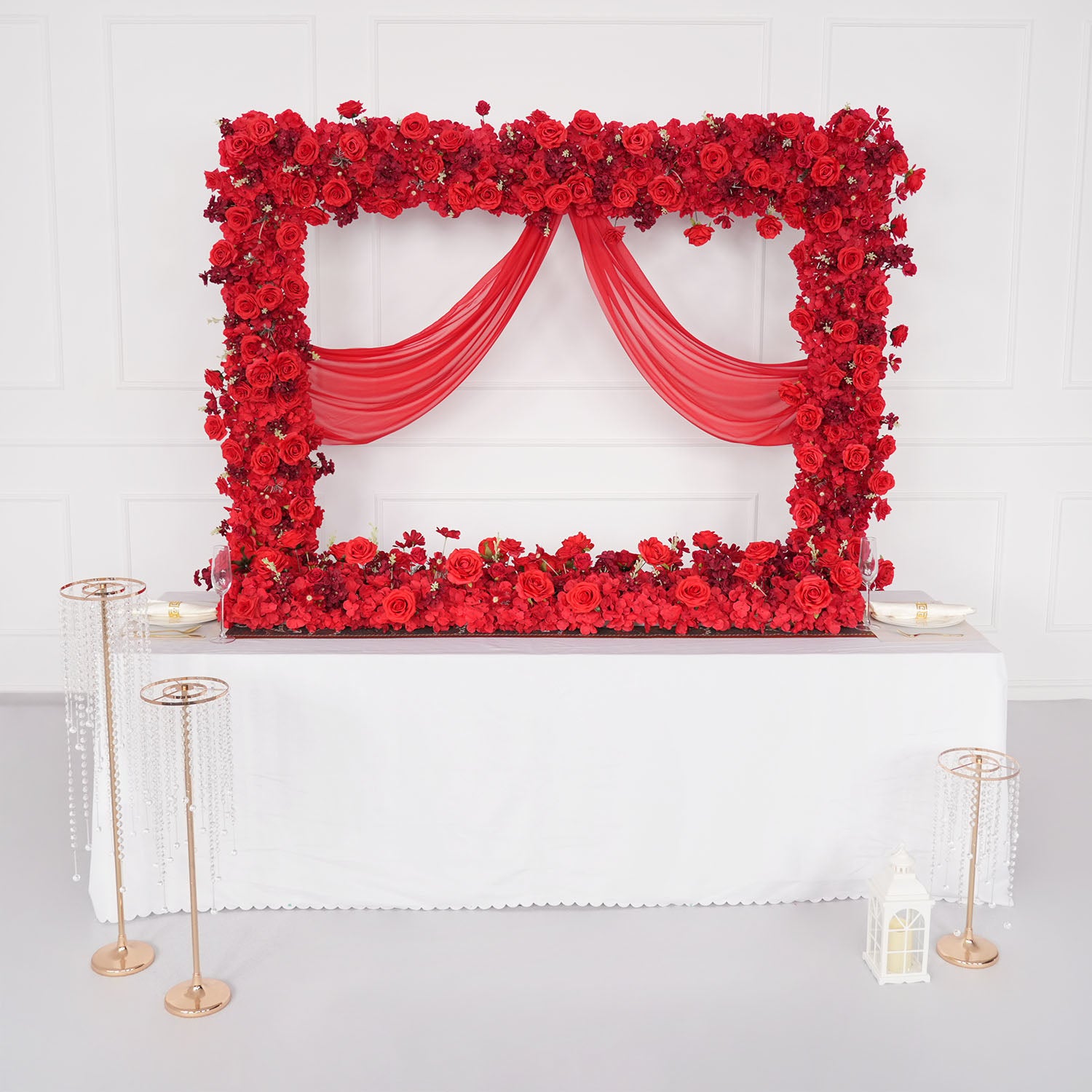 Uflower Red Rose Floral Square Arch Wedding Party Backdrop Decoration