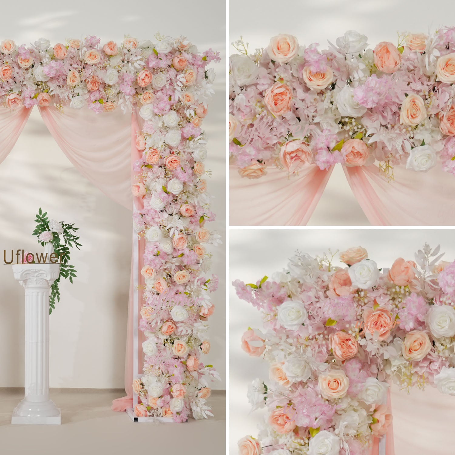 Uflower Pink White Rose Floral Square Arch Wedding Party Backdrop Decoration