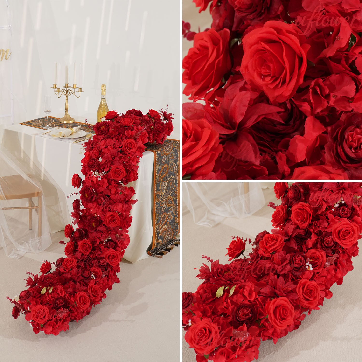 Uflower Artificial Red Rose Flower Row Wedding KT Backdrop Decor