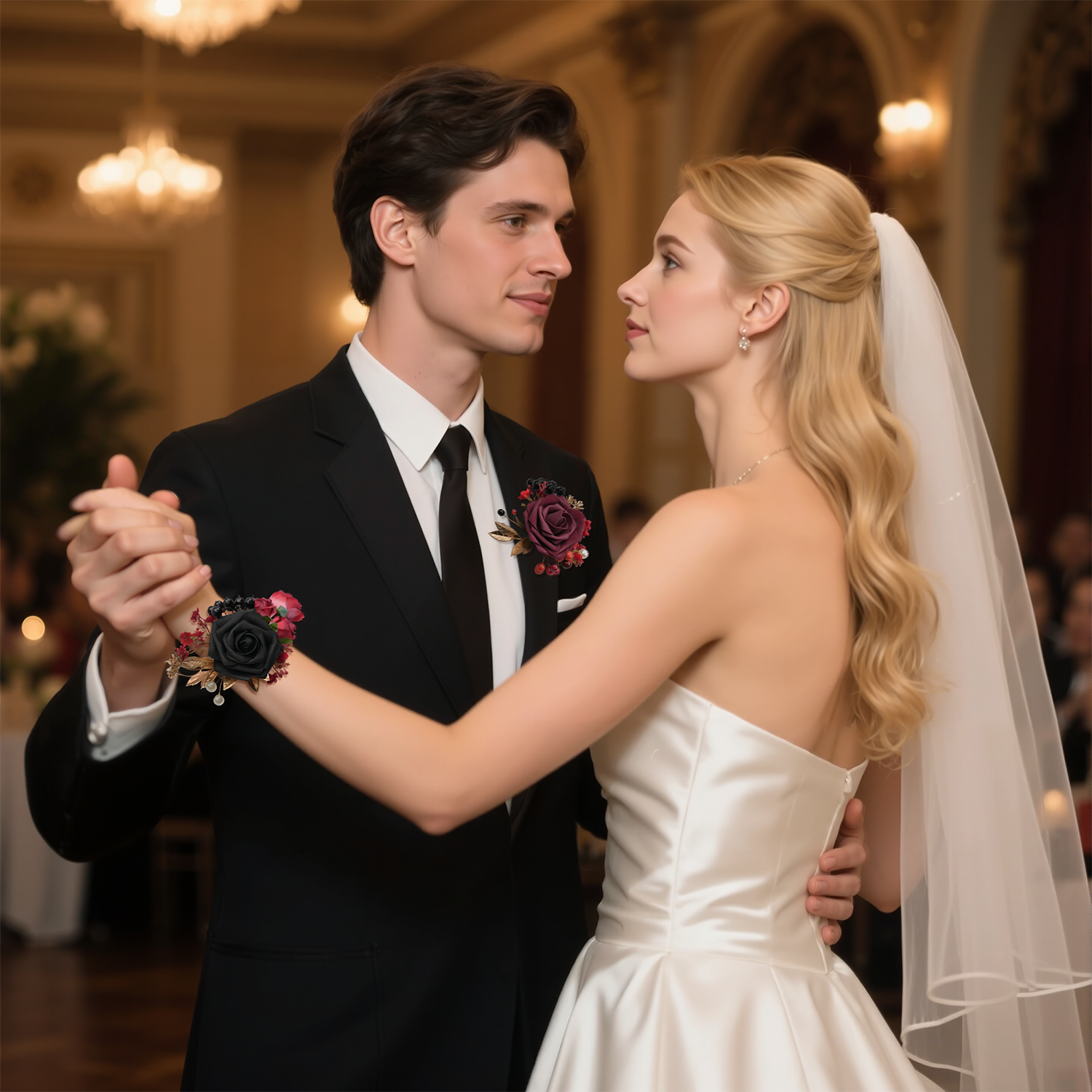 Uflower Black Burgundy Bride Bouquet Wrist Corsage Groom Boutonniere Set Wedding Event Supplies