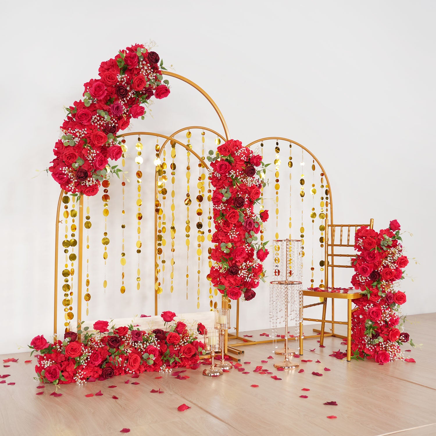 Uflower Artificial Red Rose Babysbreath Green Leaf Flower Row Wedding KT Backdrop Decor