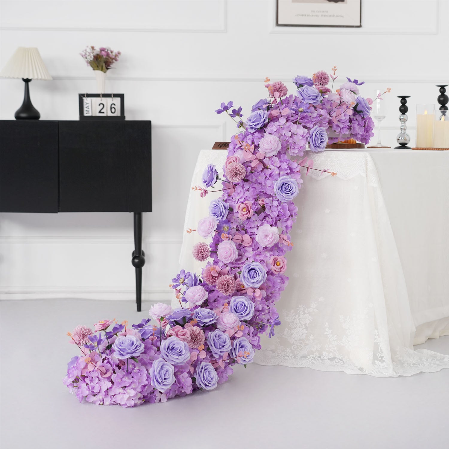 Uflower Purple Rose Table Runner Sofa Floral Wedding Backdrop Decor