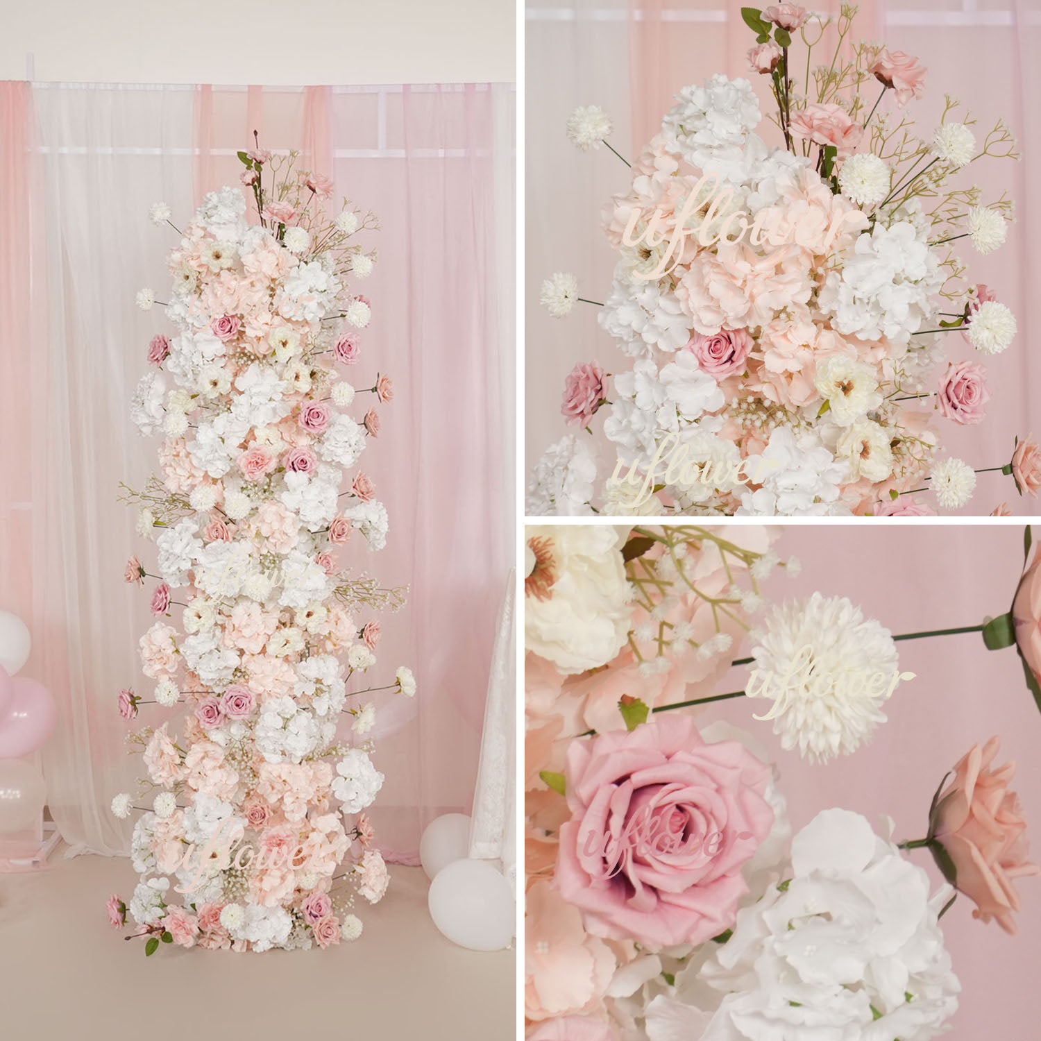 Uflower Artificial Pink White Flower Row Wedding KT Backdrop Decor