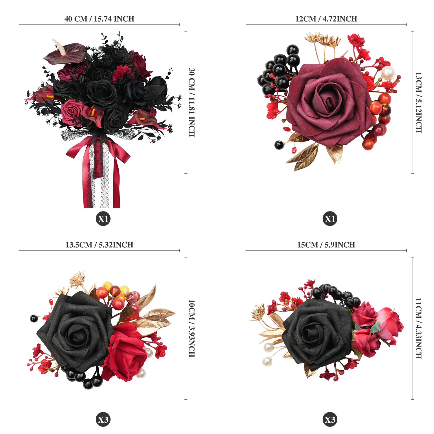 Uflower Black Burgundy Bride Bouquet Wrist Corsage Groom Boutonniere Set Wedding Event Supplies