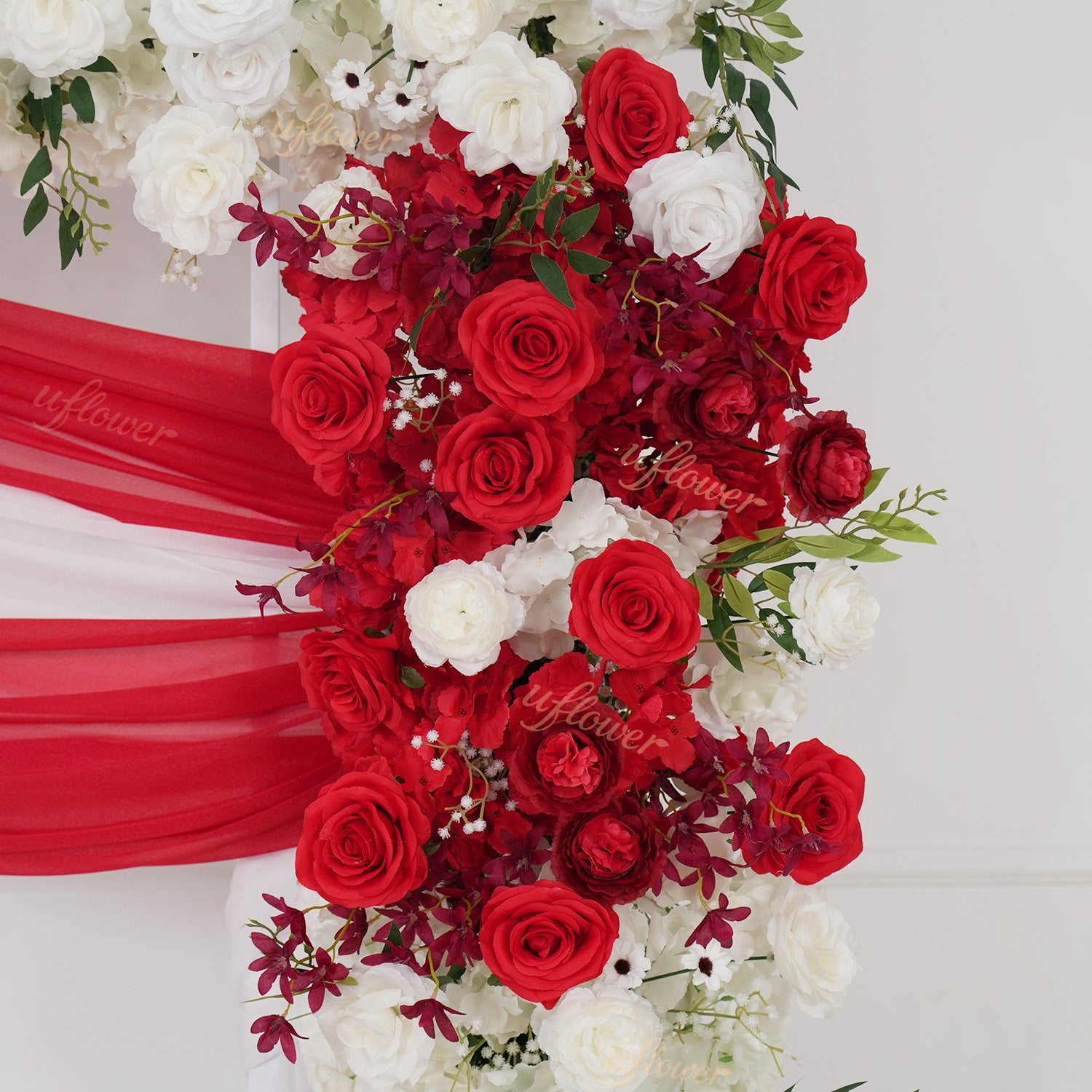 Uflower Artificial Red White Rose Flower Row Wedding KT Backdrop Decor