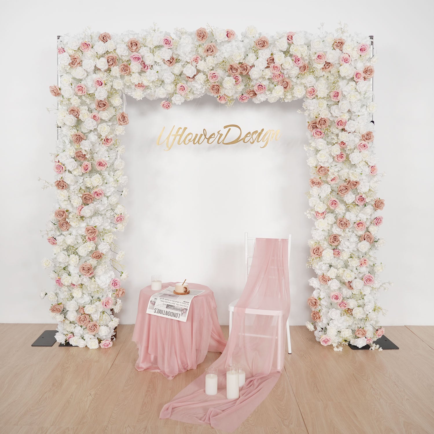 Uflower Pink Khaki Rose Wedding Background Flower Arrangement Arch Decoration