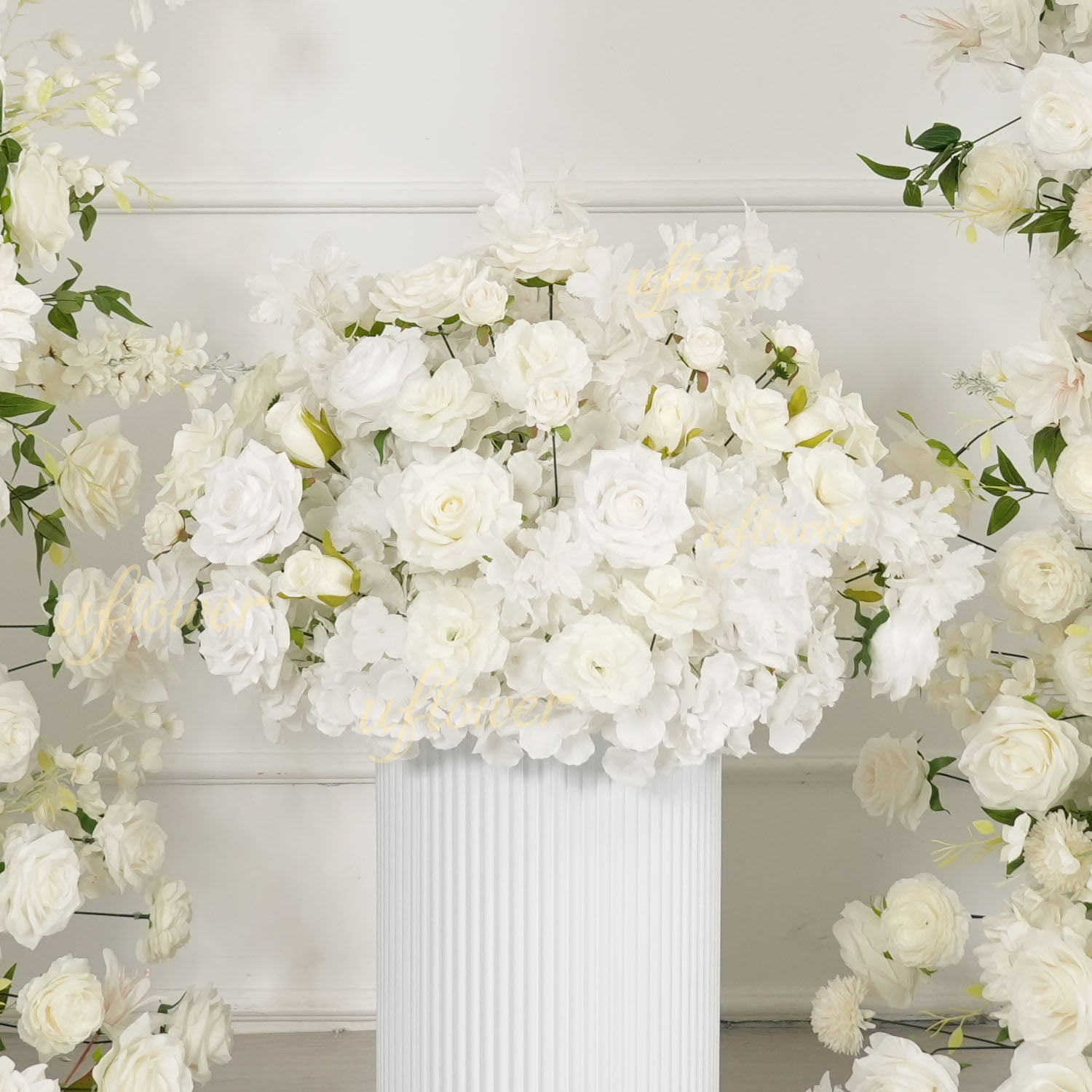 Uflower White Dahlia Floral Horn Arch Wedding Party Backdrop Decor