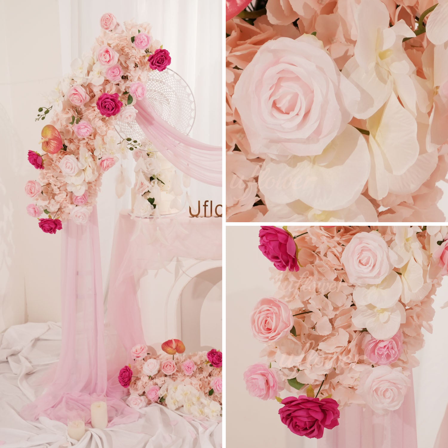 Uflower Pink Floral Arrangement Wedding Arch Backdrop Party Flower Row Decor