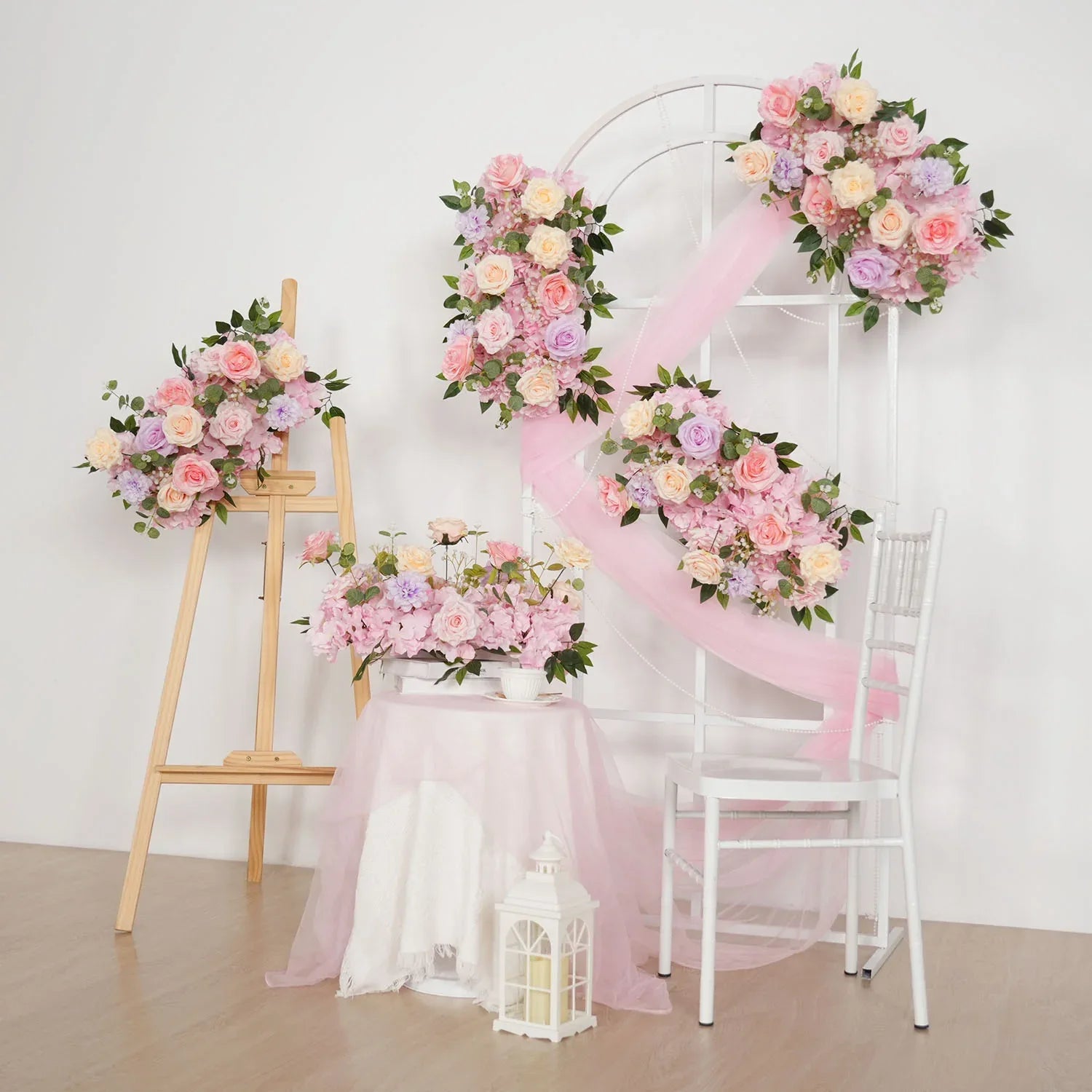 Uflower Artificial Pink Purple Rose Green Leaf Flower Row Wedding KT Backdrop Decor - Uflower