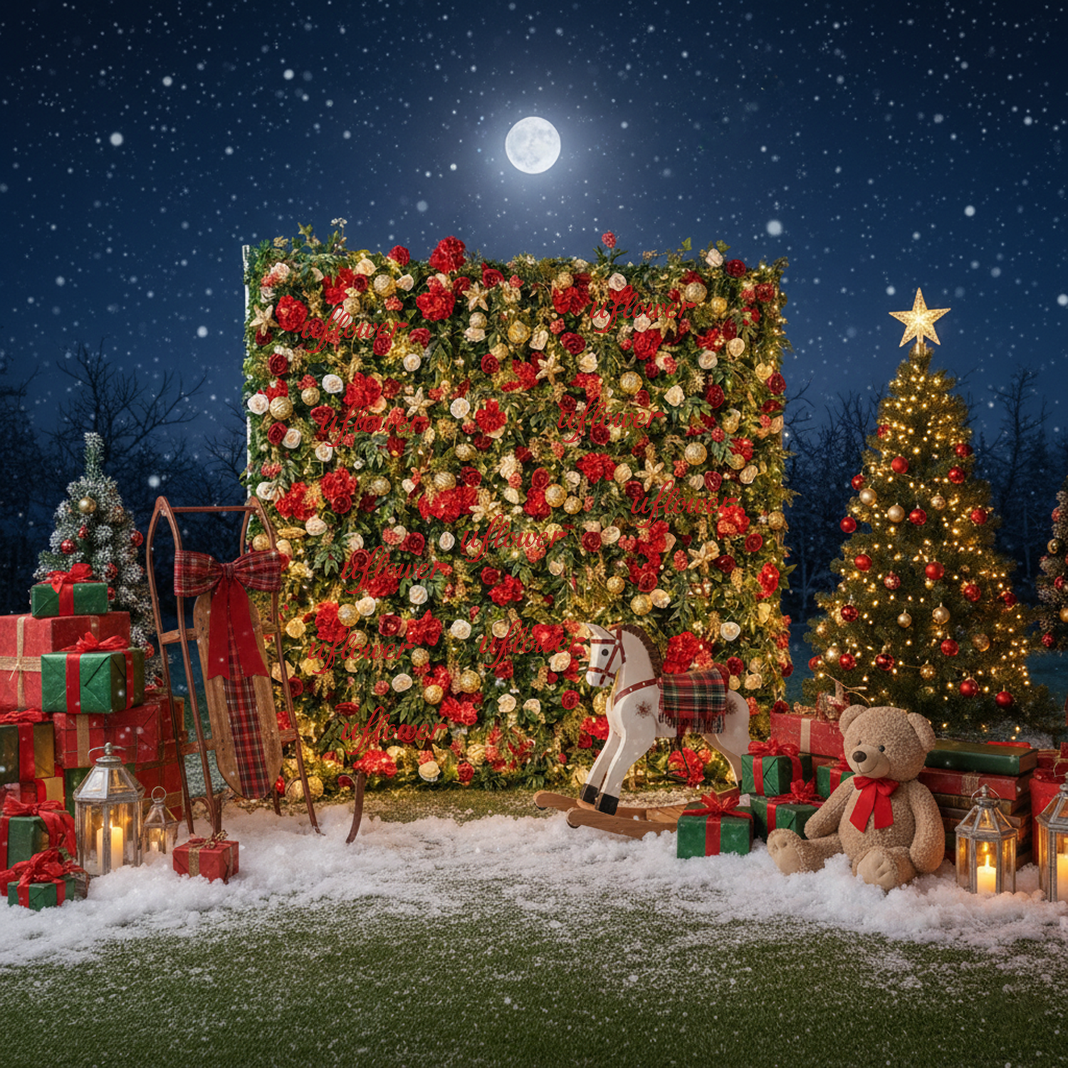 Uflower Christmas Red Gold Flower Wall  Luxurious Star & Ball Decorated Floral Backdrop Holiday Party Decor