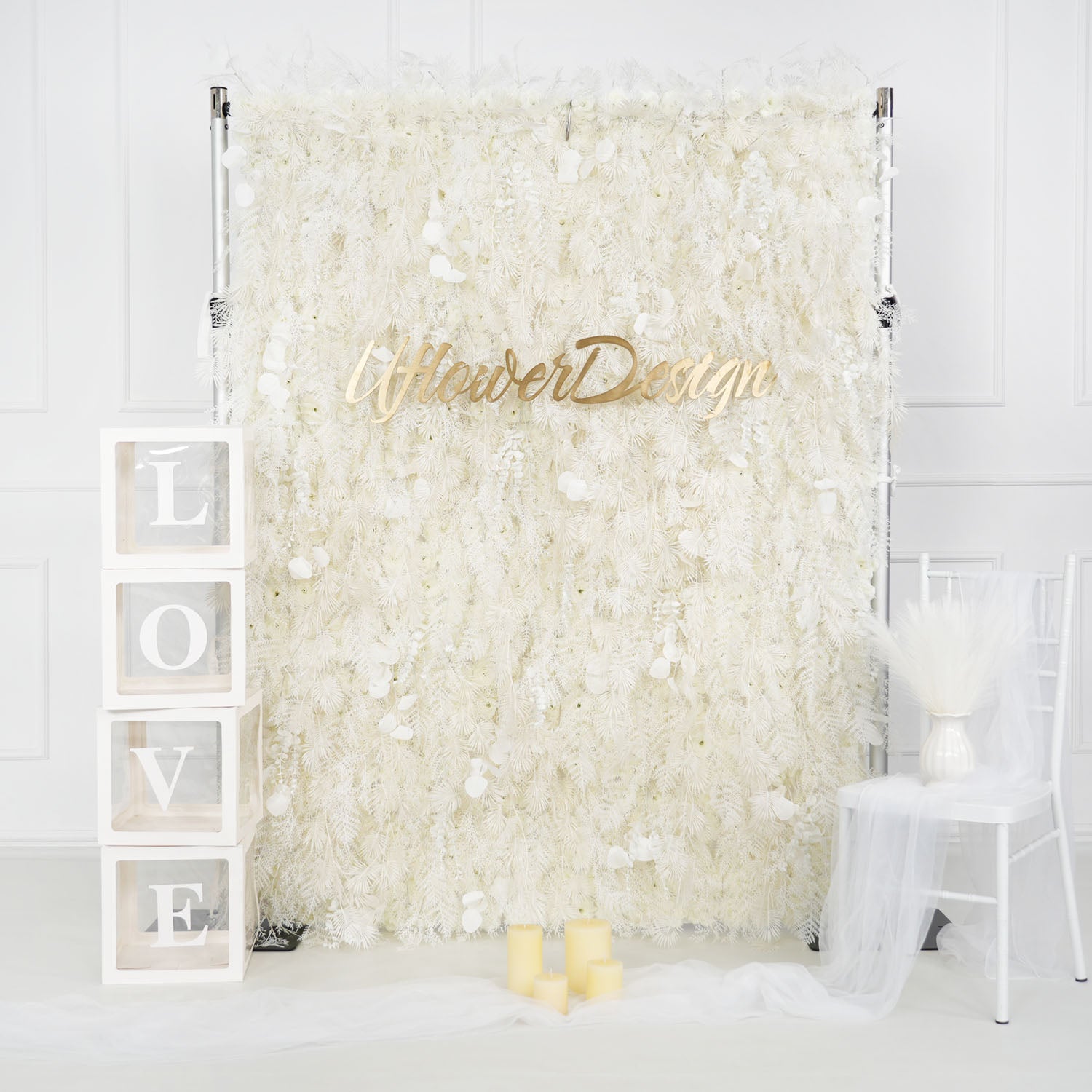 Artificial 5D White Fabric Rolling Up Curtain Feather Flower Wall Picture 1