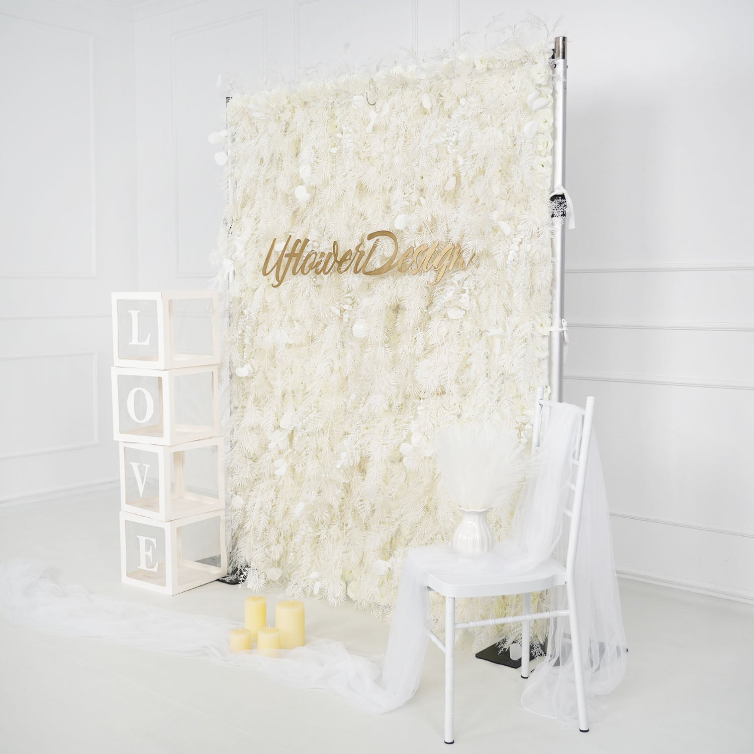 Artificial 5D White Fabric Rolling Up Curtain Feather Flower Wall Picture 4