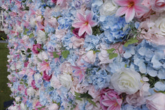 Blue and white hydrangea, rose, simulated flower wall, wedding party background