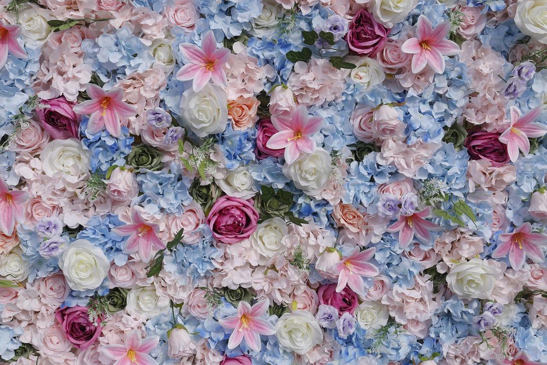 Blue and white hydrangea, rose, simulated flower wall, wedding party background