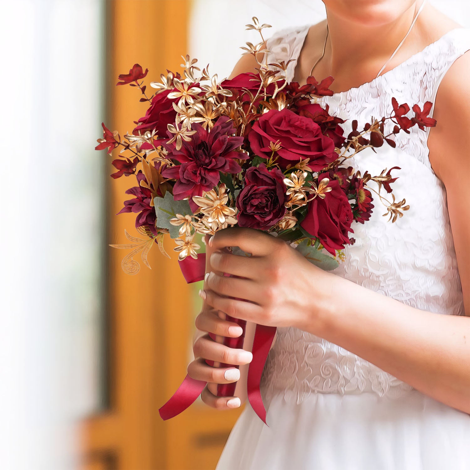 Burgundy and Gold wedding flowers bridal bouquet Main picture