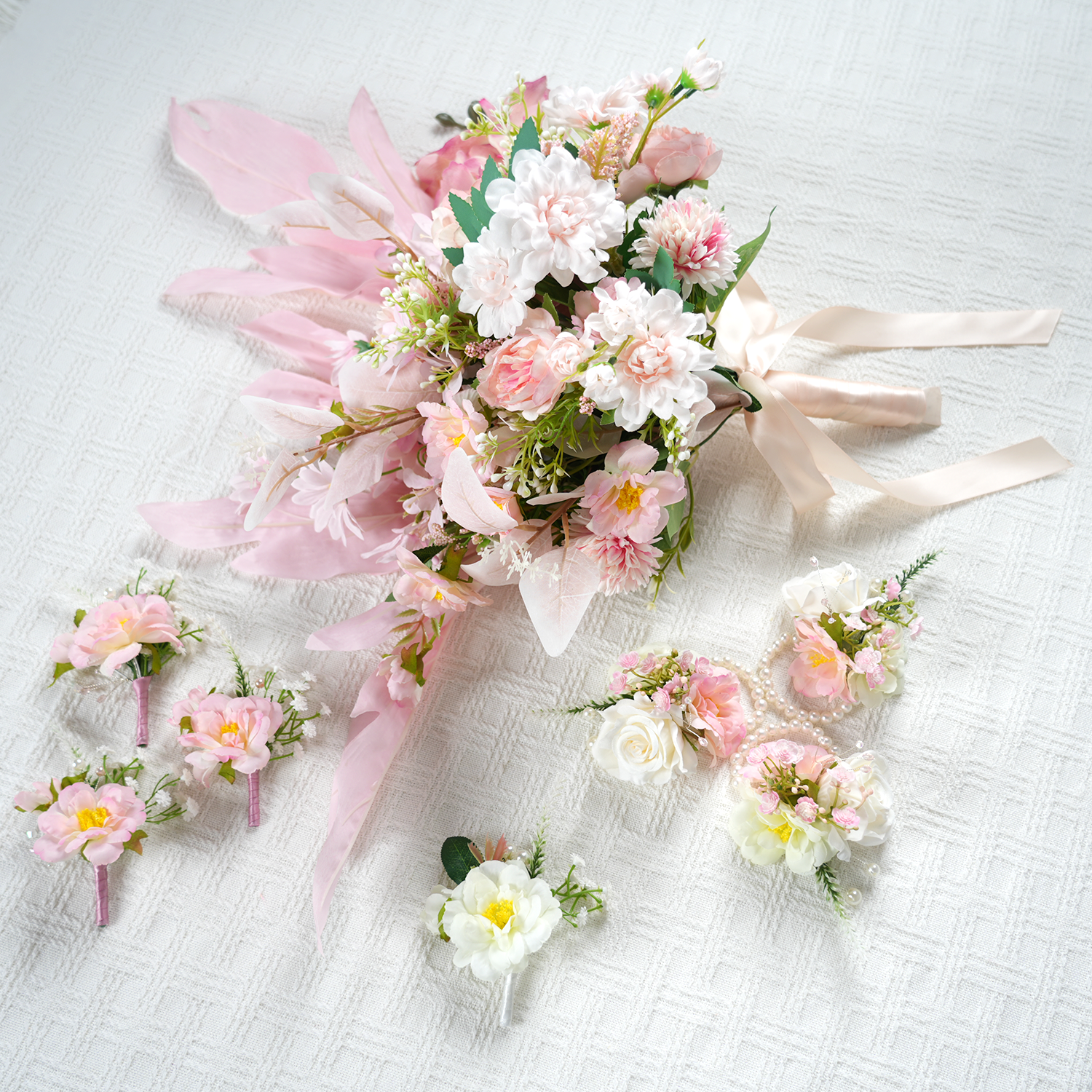 Uflower Pink White Series Bride Bouquet Wrist Corsage Groom Boutonniere Wedding Event Supplies