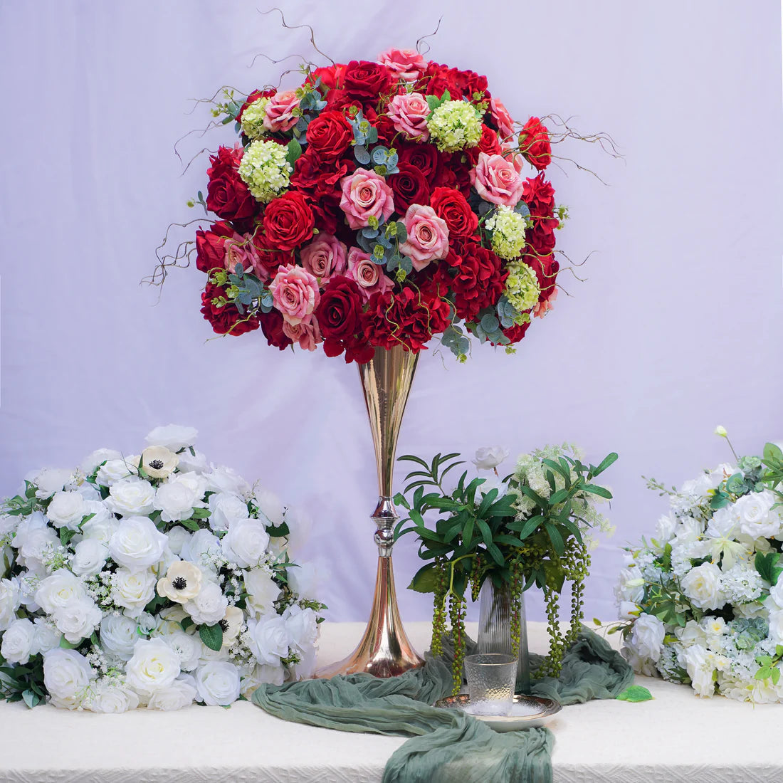 Artificial Vermilion Flower Wedding Table Centerpiece