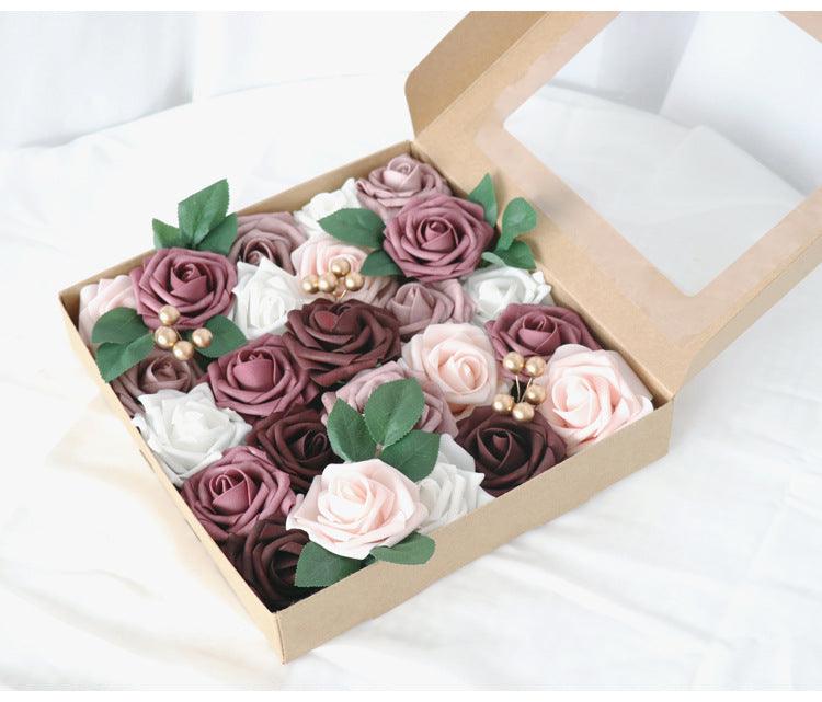 Simulated pink white rose berry mixed silk fabric aircraft box DIY interior decoration