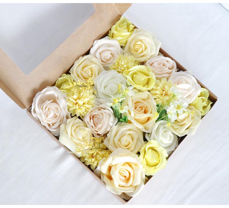 Simulated light yellow rose silk flower airplane box DIY interior decoration