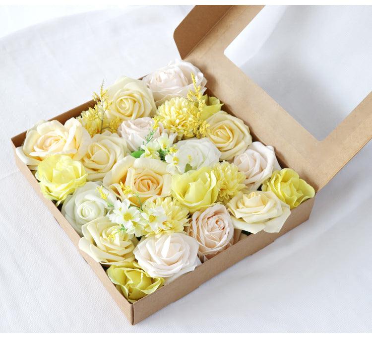 Simulated light yellow rose silk flower airplane box DIY interior decoration