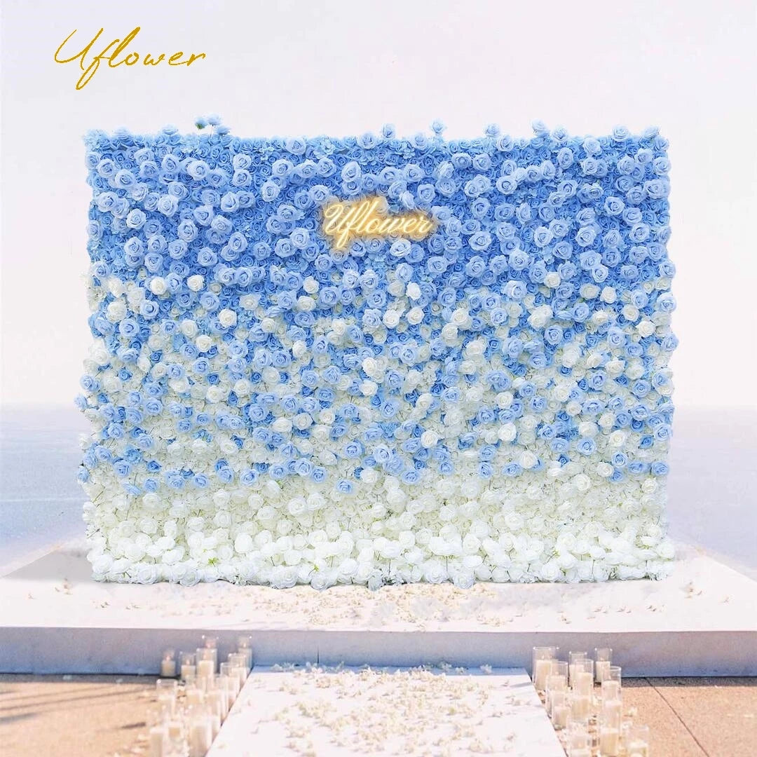 5D Luxury Blue And White Gradient Rose Artificial Flower Wall