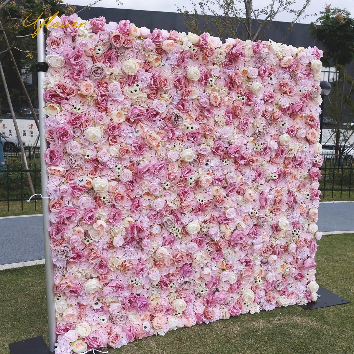 Wedding Pink Yellow Rose Artificial Flower Wall