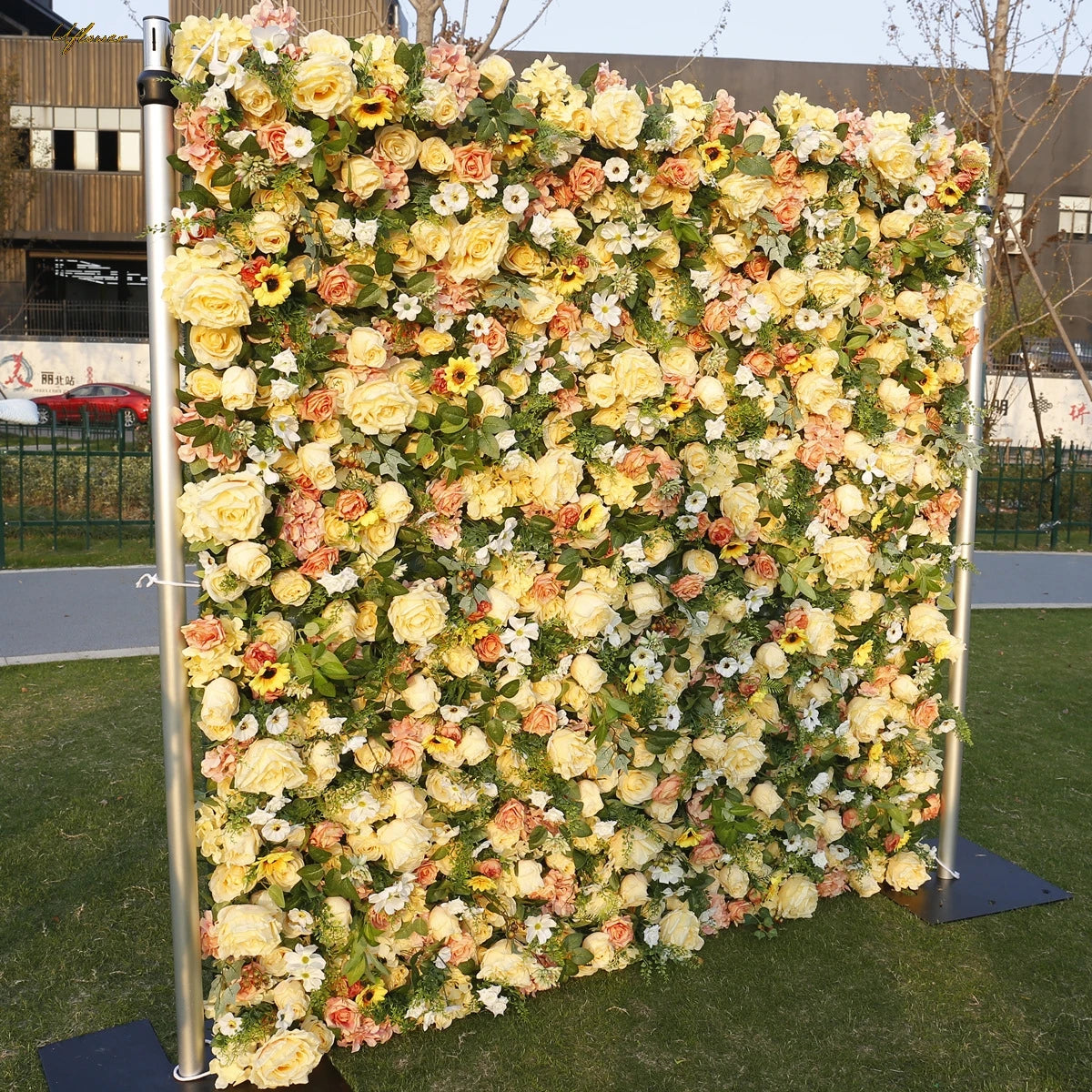 Wedding Yellow Green Rose Artificial Flower Wall