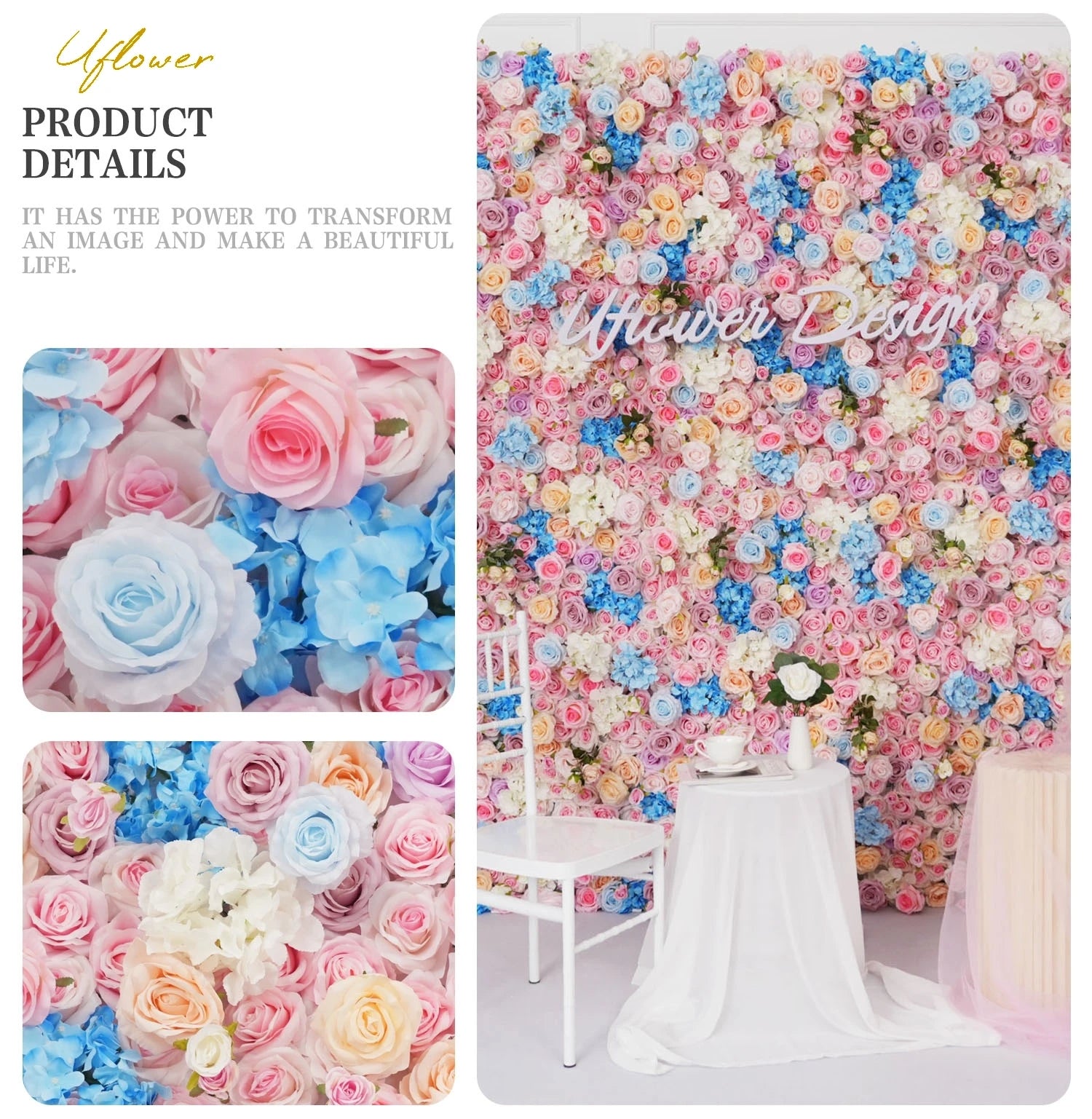 Pink Blue 5D Rose Artificial Flower Wall Backdrop