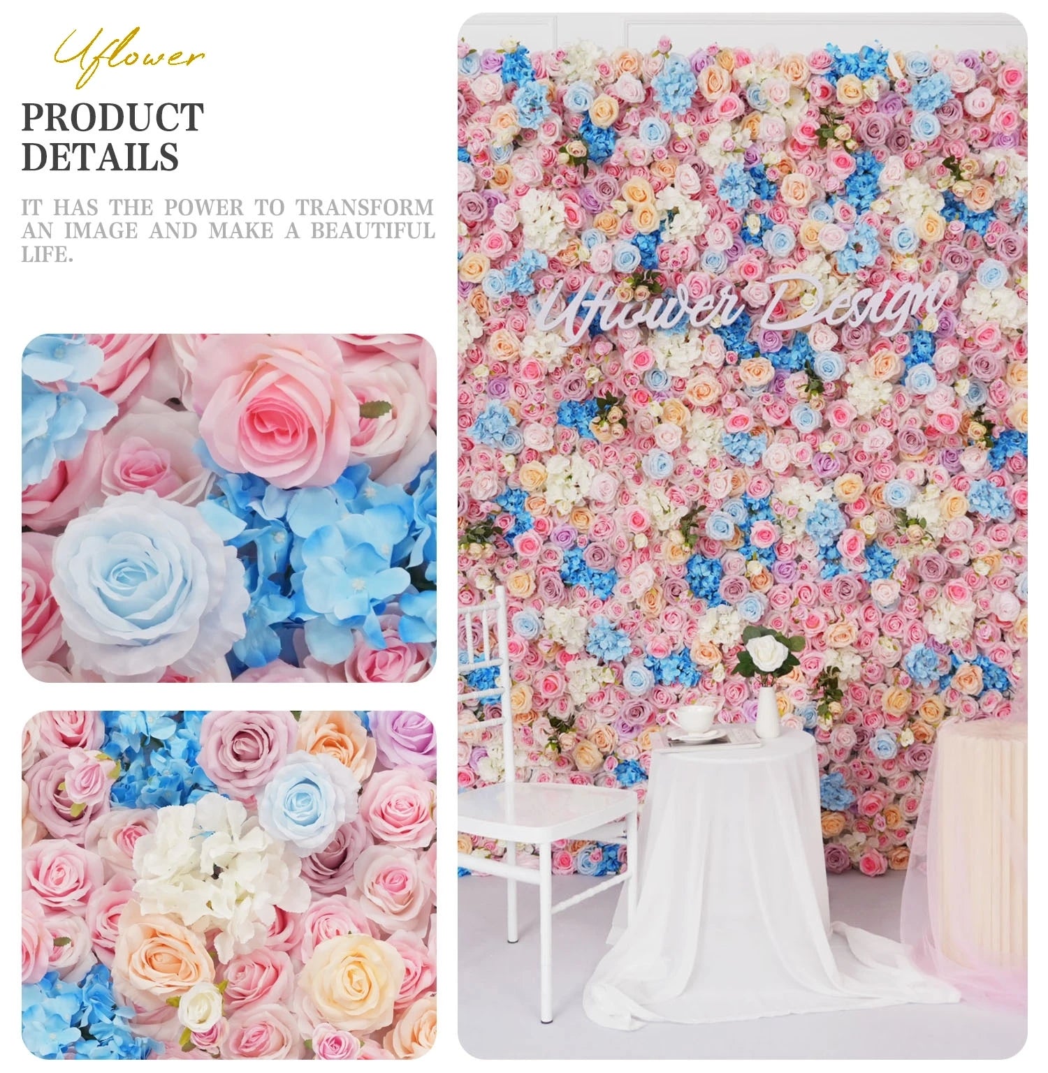 Pink Blue 5D Rose Artificial Flower Wall Wedding Decor