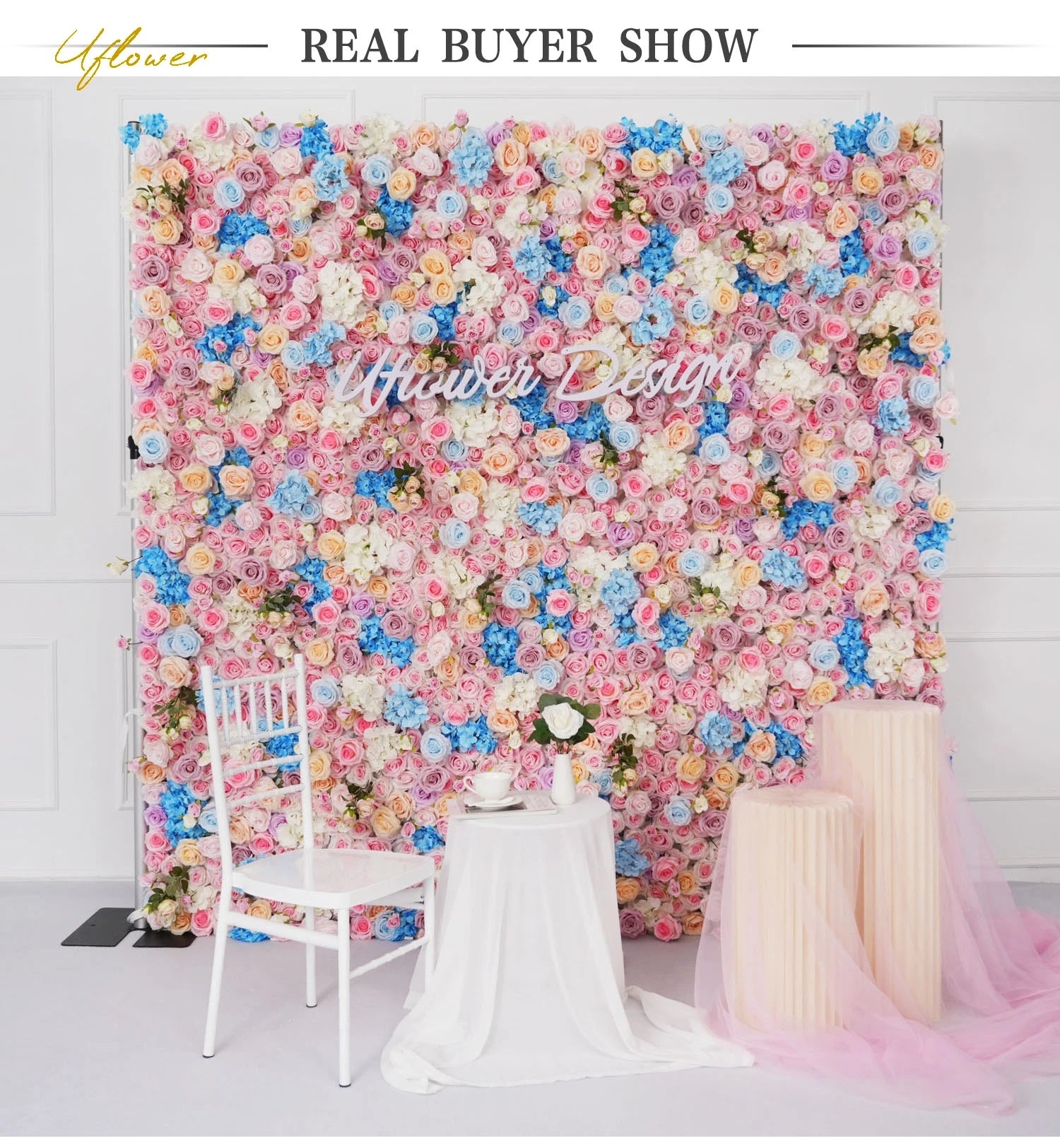 Pink Blue 5D Rose Artificial Flower Wall Backdrop