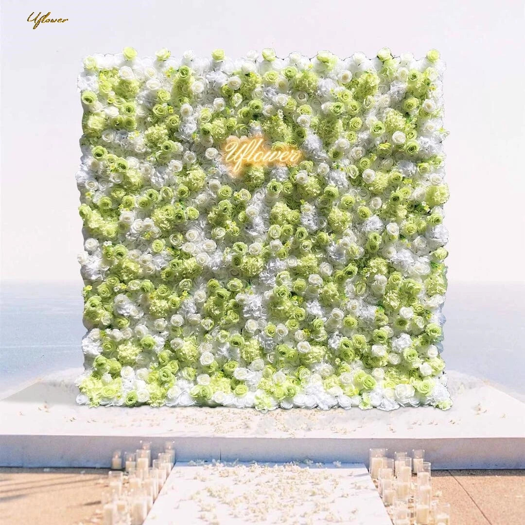 Wedding Green White Rose 5D Artificial Flower Wall