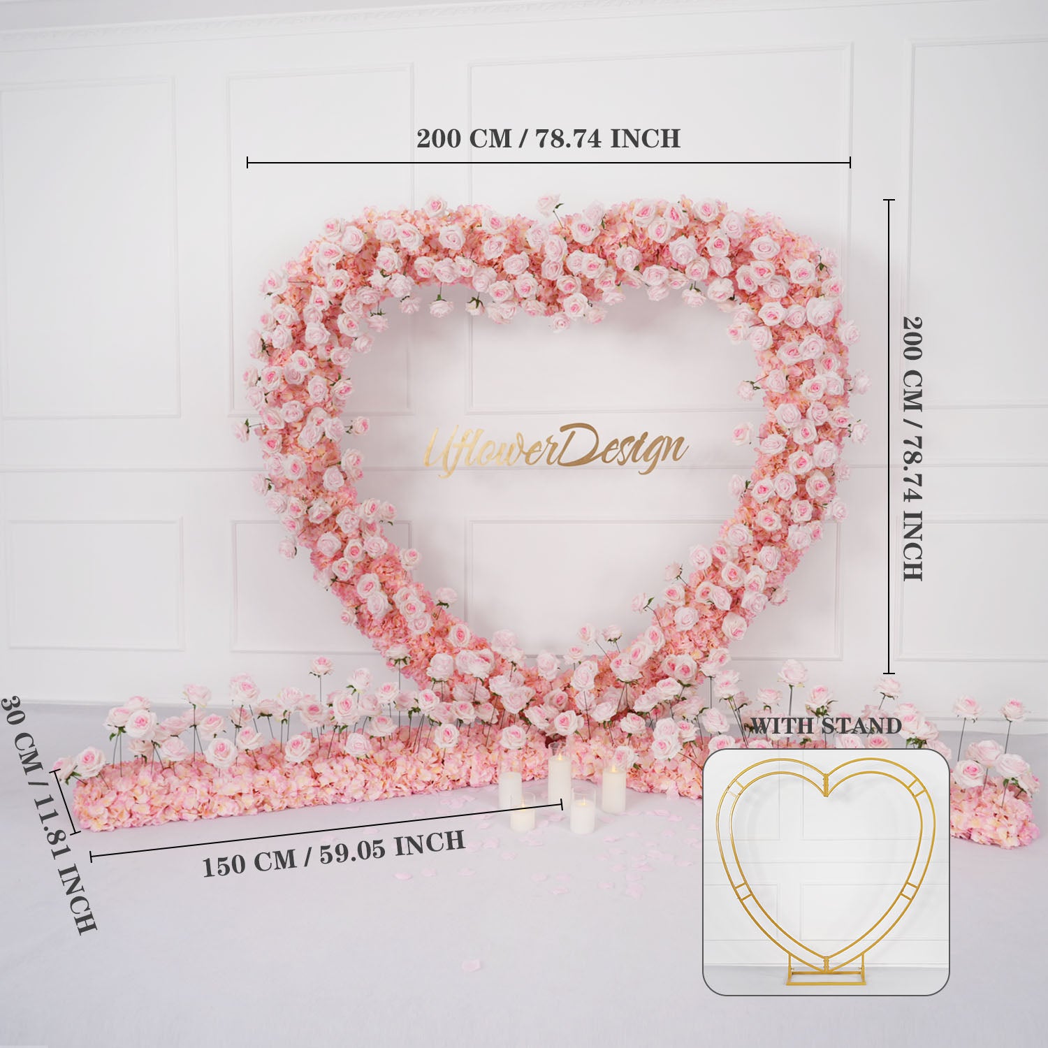 78.74x78.74in/2×2m (Rose Heart Shape+Flower Row*2) With Gold Stand