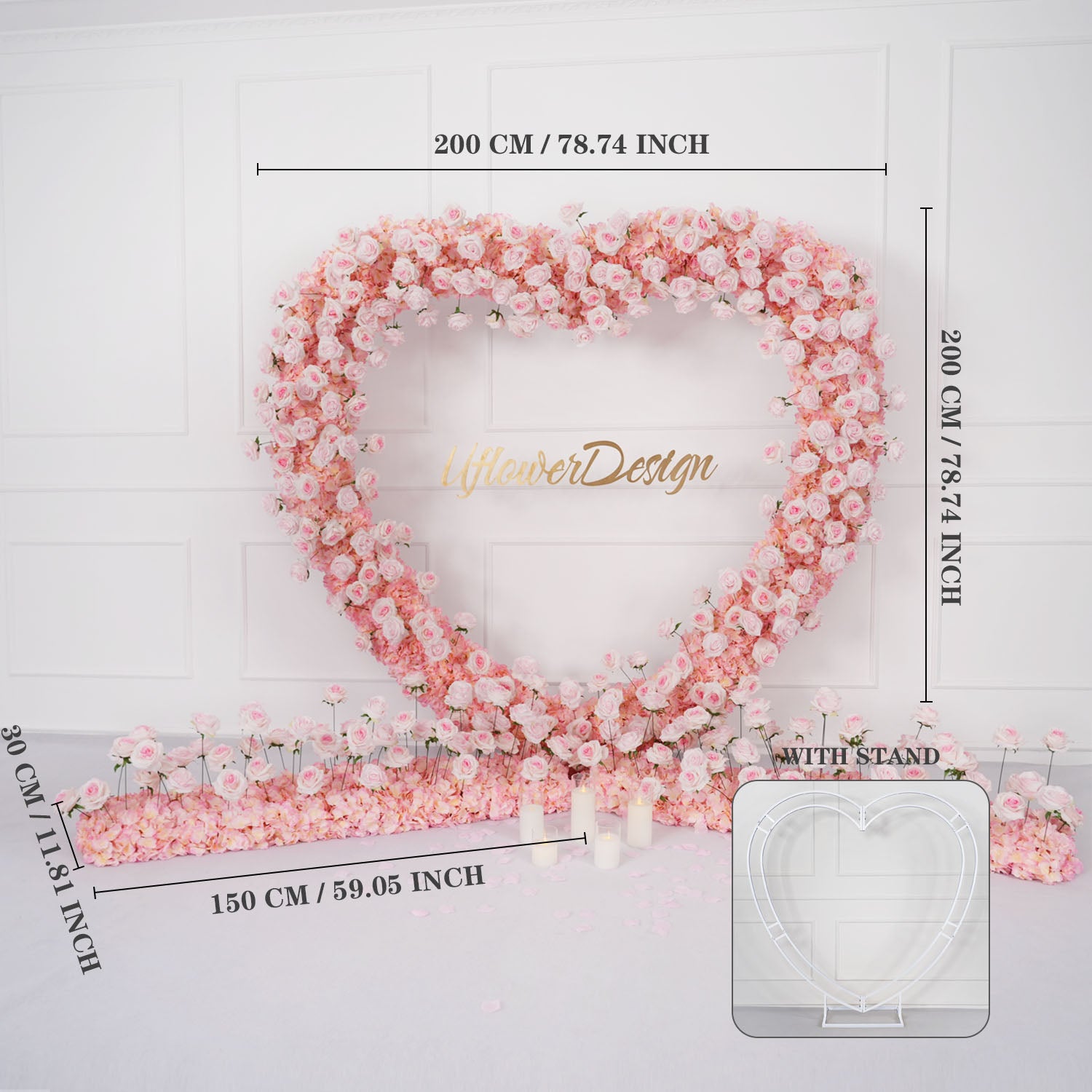 78.74x78.74in/2×2m (Rose Heart Shape+Flower Row*2) With White Stand