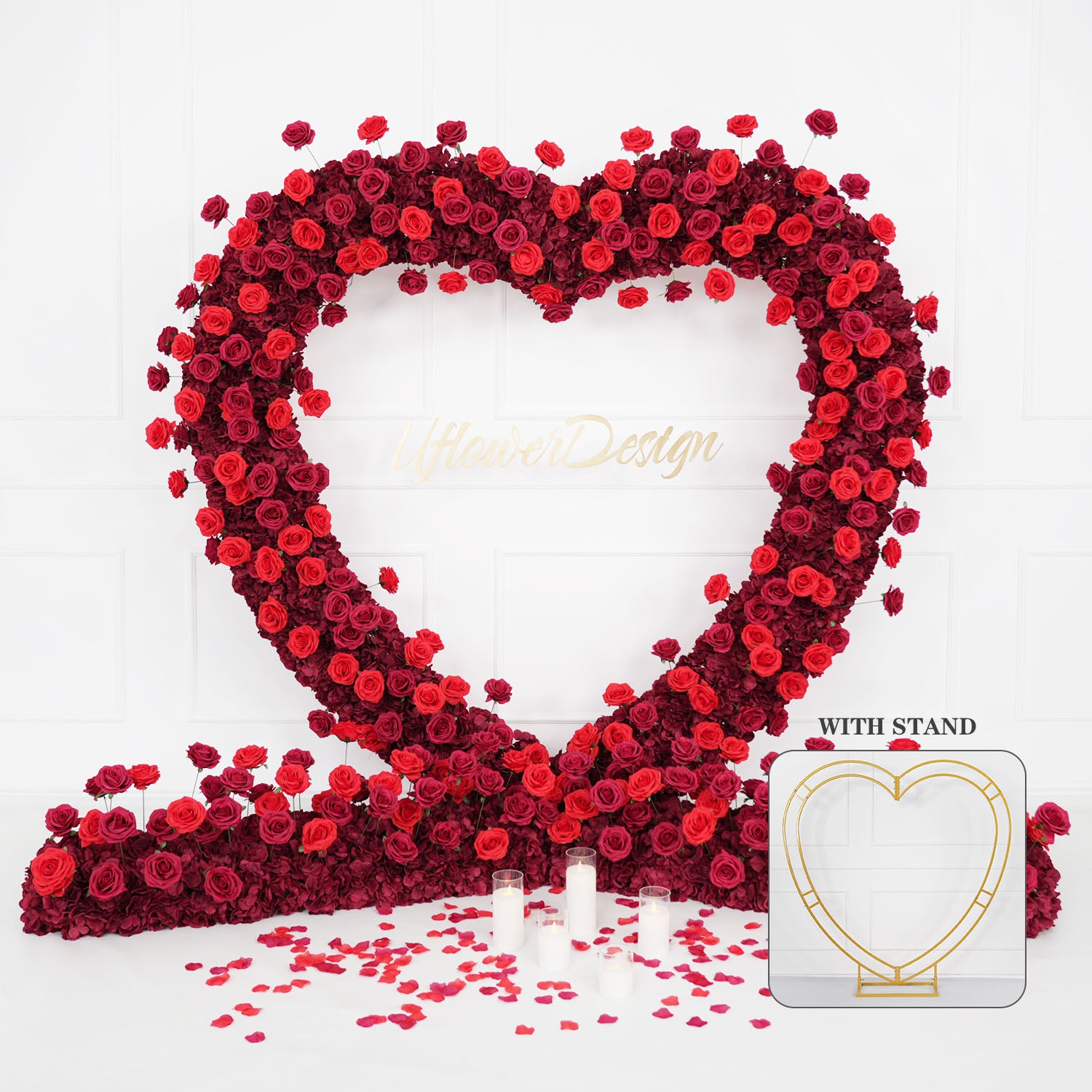 2m*2m(78.7 inch * 78.7 inch) Red Rose Heart Shape With Flower Flower Row*2 With Gold Stand