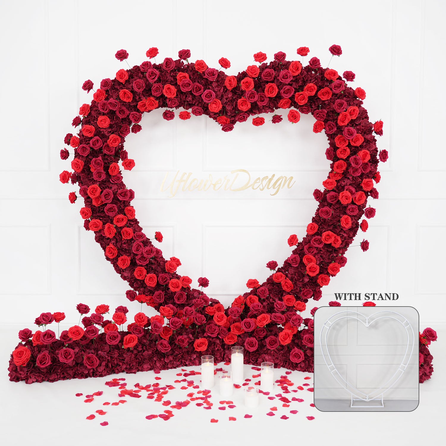 2m*2m(78.7 inch * 78.7 inch) Red Rose Heart Shape With Flower Flower Row*2 With White Stand